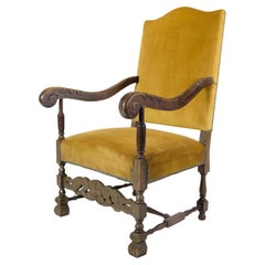 Antique King´s Chair Made With Yellow Nail-Studded Velour From 1920s