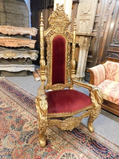 Antique King's Throne, Armchair, Gilded with Perfect Red Cloth 'Velluto', 1800