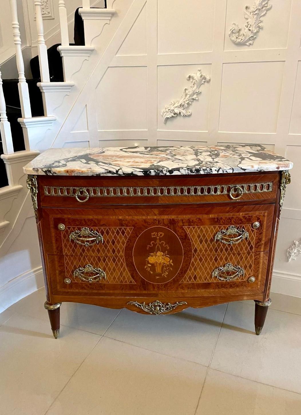 Antique Kingwood and Marquetry Inlaid Marble Top Commode/Chest of Drawers For Sale 10