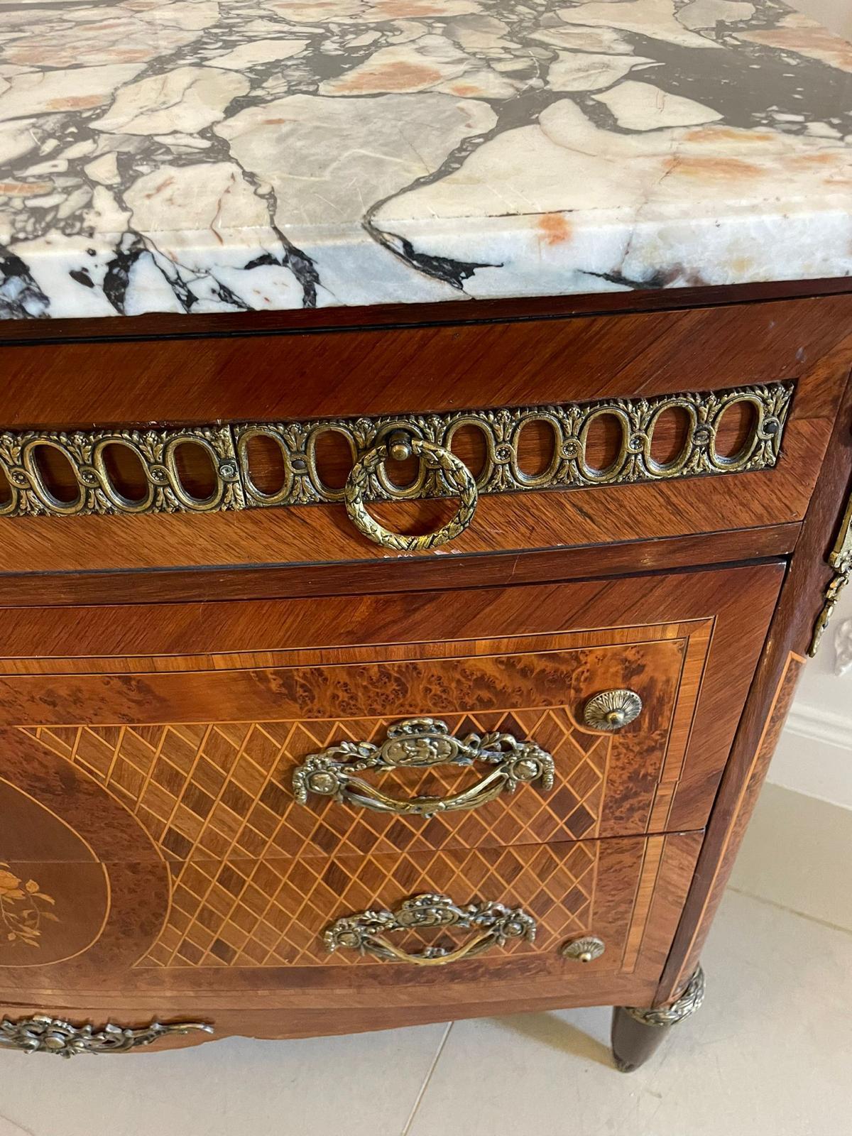 Antique Victorian quality French kingwood and marquetry inlaid marble top commode/chest of drawers having a quality antique Victorian marquetry inlaid bow fronted commode and boasting a wonderful coloured marble top with a moulded edge above three