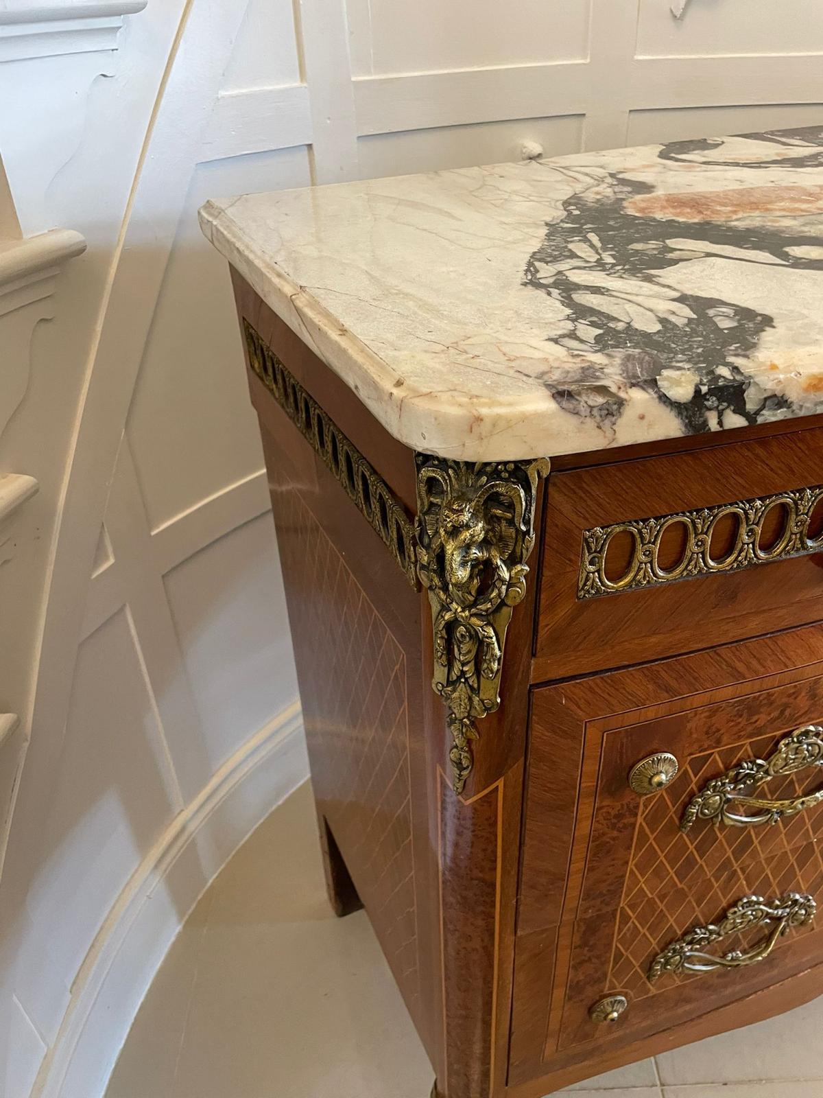 French Antique Kingwood and Marquetry Inlaid Marble Top Commode/Chest of Drawers For Sale