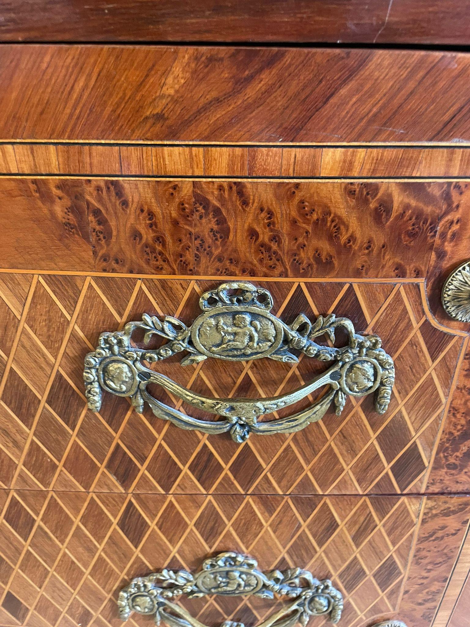 Other Antique Kingwood and Marquetry Inlaid Marble Top Commode/Chest of Drawers For Sale