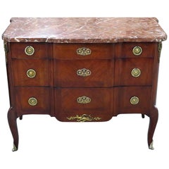 Commode ancienne en bois de rose montée sur bronze Louis XV Rouge, avec plateau en marbre