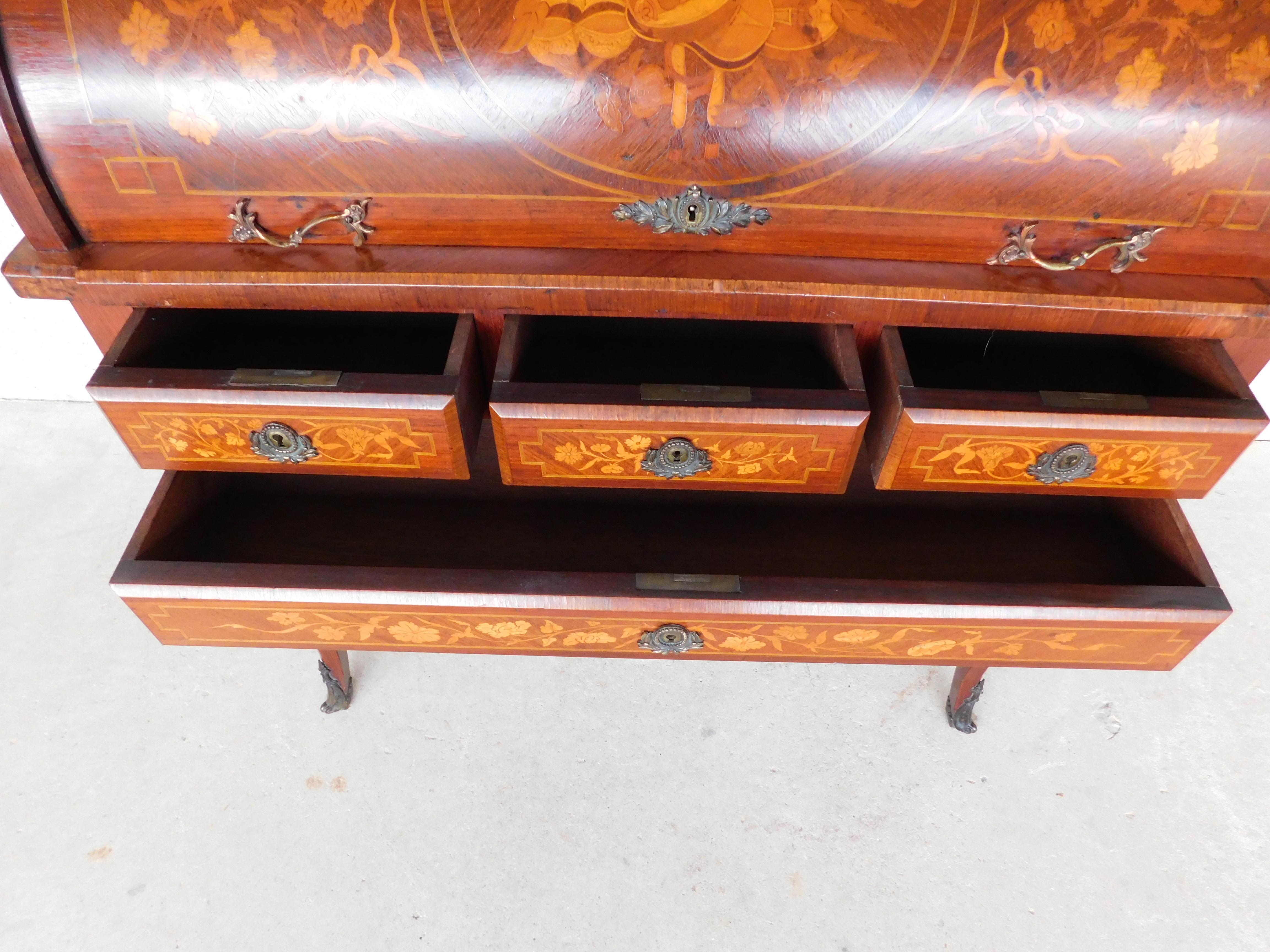 Antique Kingwood French Louis XV Marquetry Inlaid Cylinder Desk For Sale 5