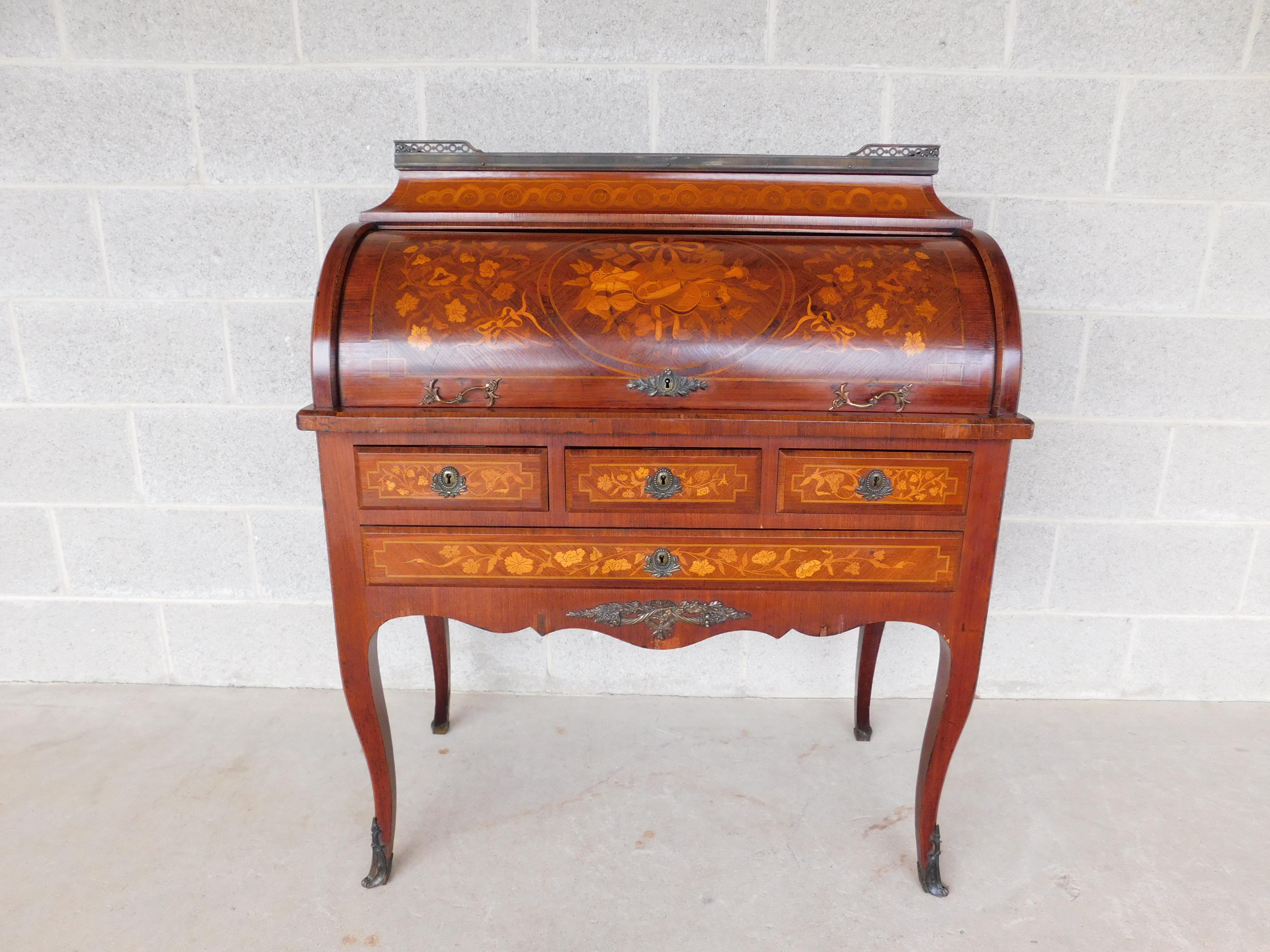 Inlay Antique Kingwood French Louis XV Marquetry Inlaid Cylinder Desk For Sale