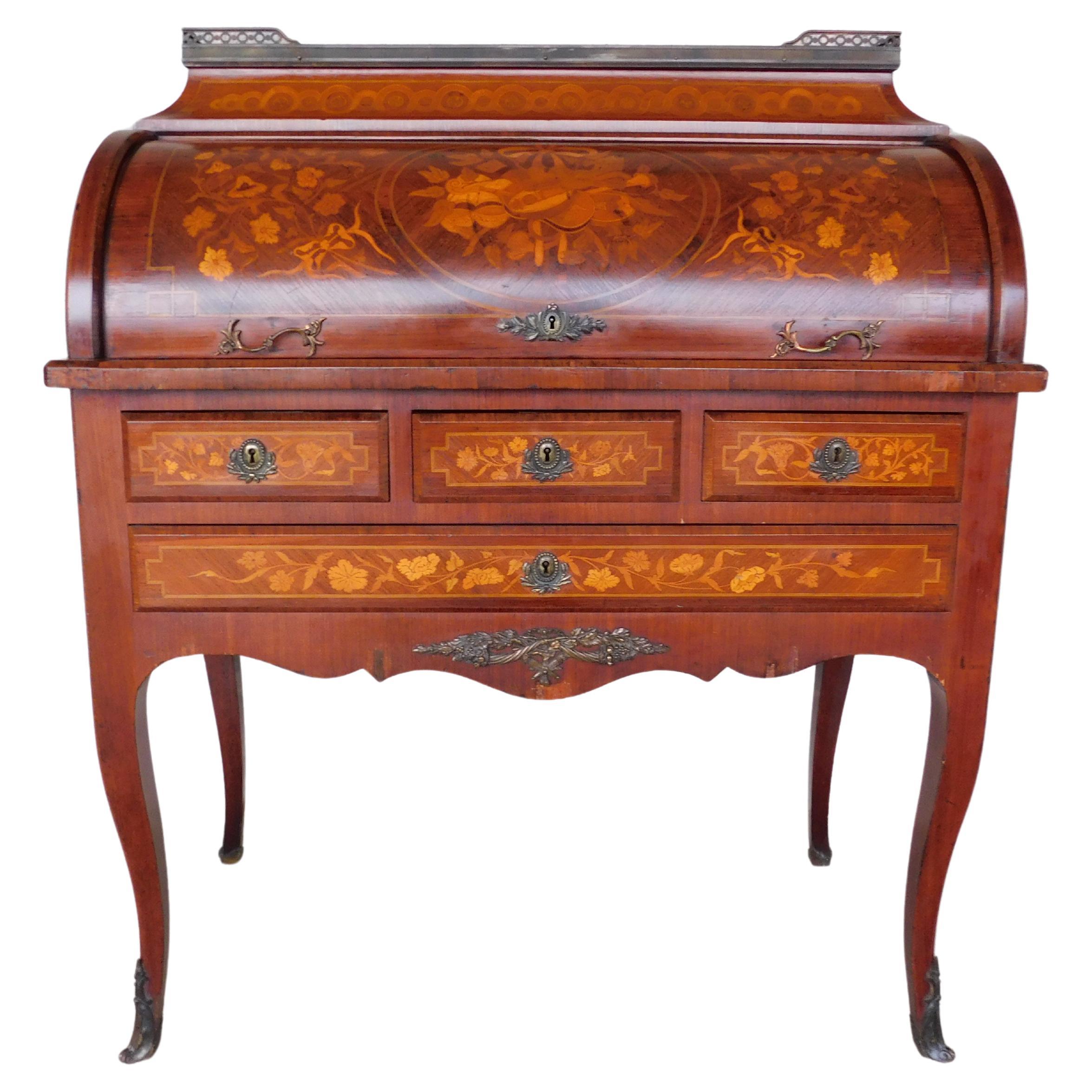 Antique Kingwood French Louis XV Marquetry Inlaid Cylinder Desk For Sale