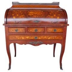Antique Kingwood French Louis XV Marquetry Inlaid Cylinder Desk