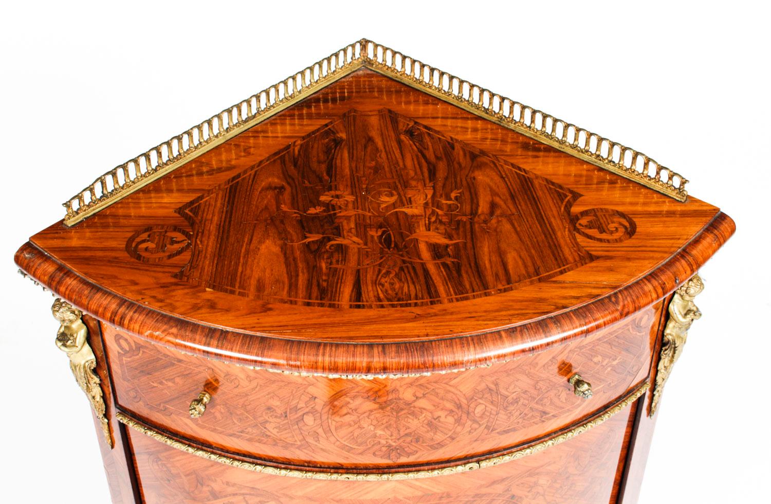 French Antique Walnut  and Marquetry Low Corner Cabinet, 19th Century