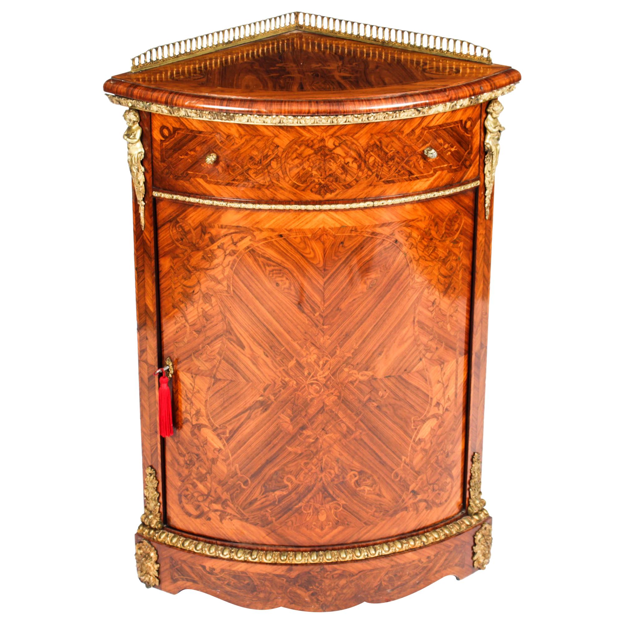 Antique Walnut  and Marquetry Low Corner Cabinet, 19th Century