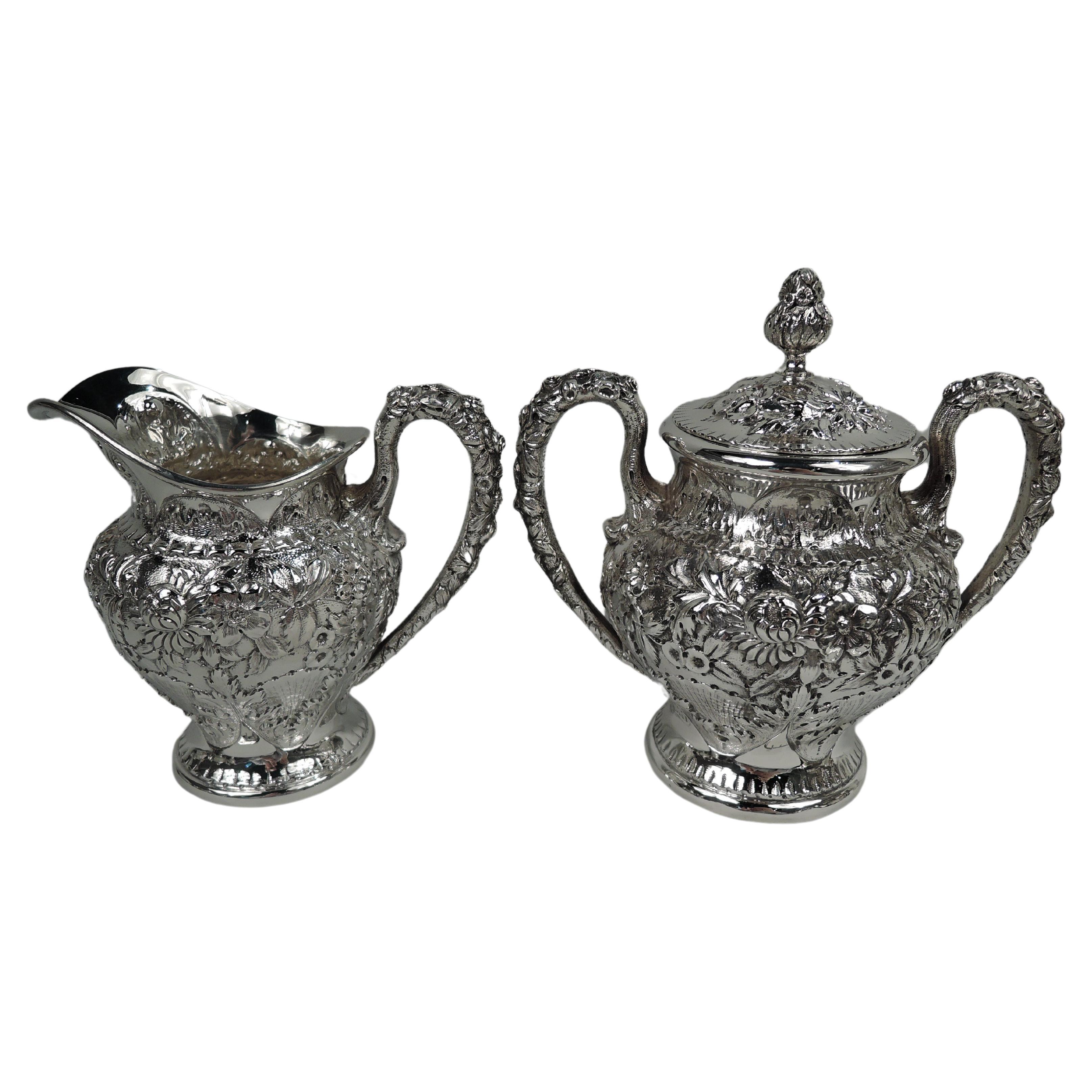 Antique Kirk Baltimore Repousse Sterling Silver Creamer & Sugar For Sale