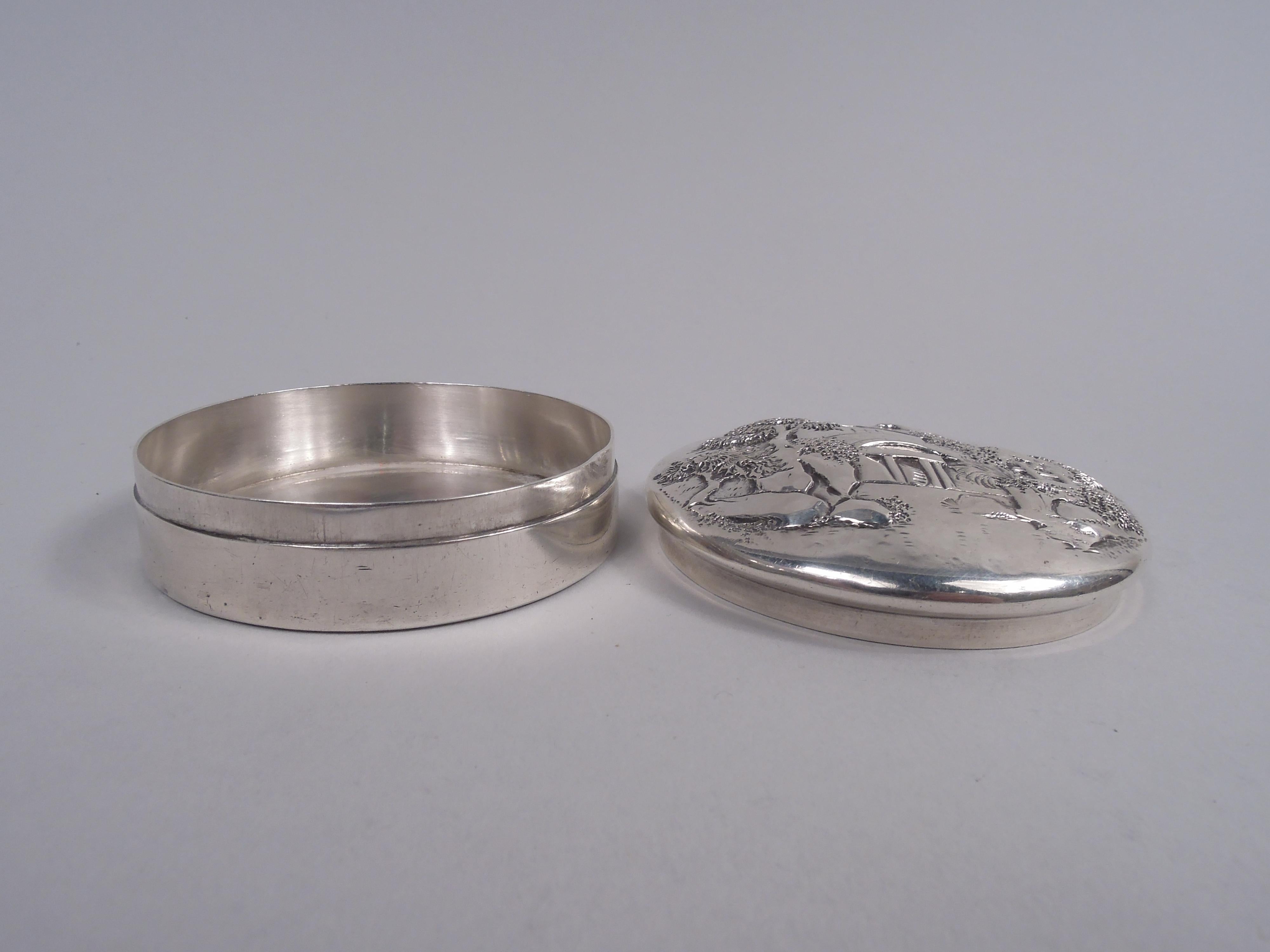 Edwardian Antique Kirk Baltimore Small Sterling Silver Box with Pastoral Scene For Sale