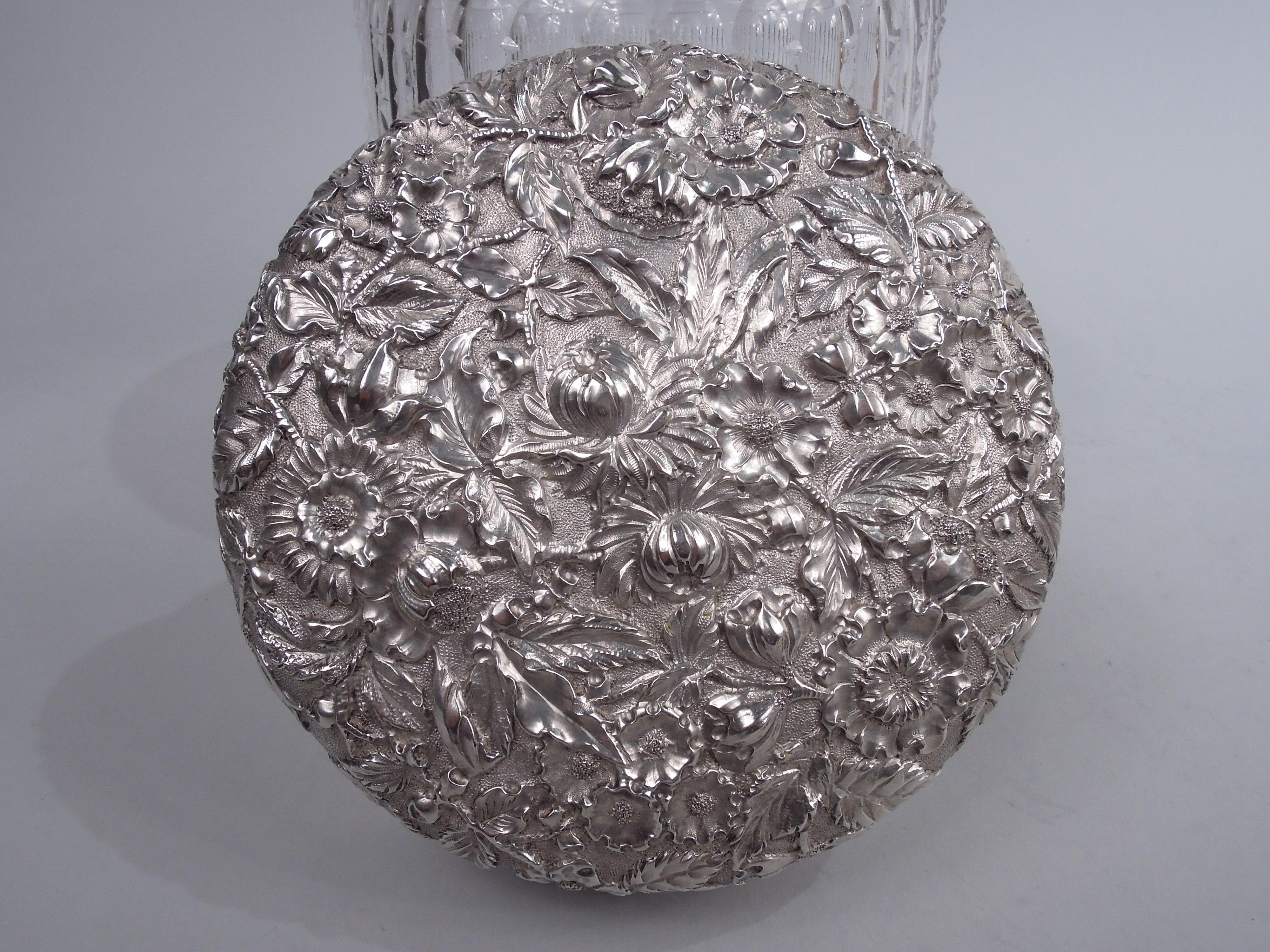 Repoussé Antique Kirk Edwardian Sterling Silver & Cut-Glass Tobacco Jar For Sale