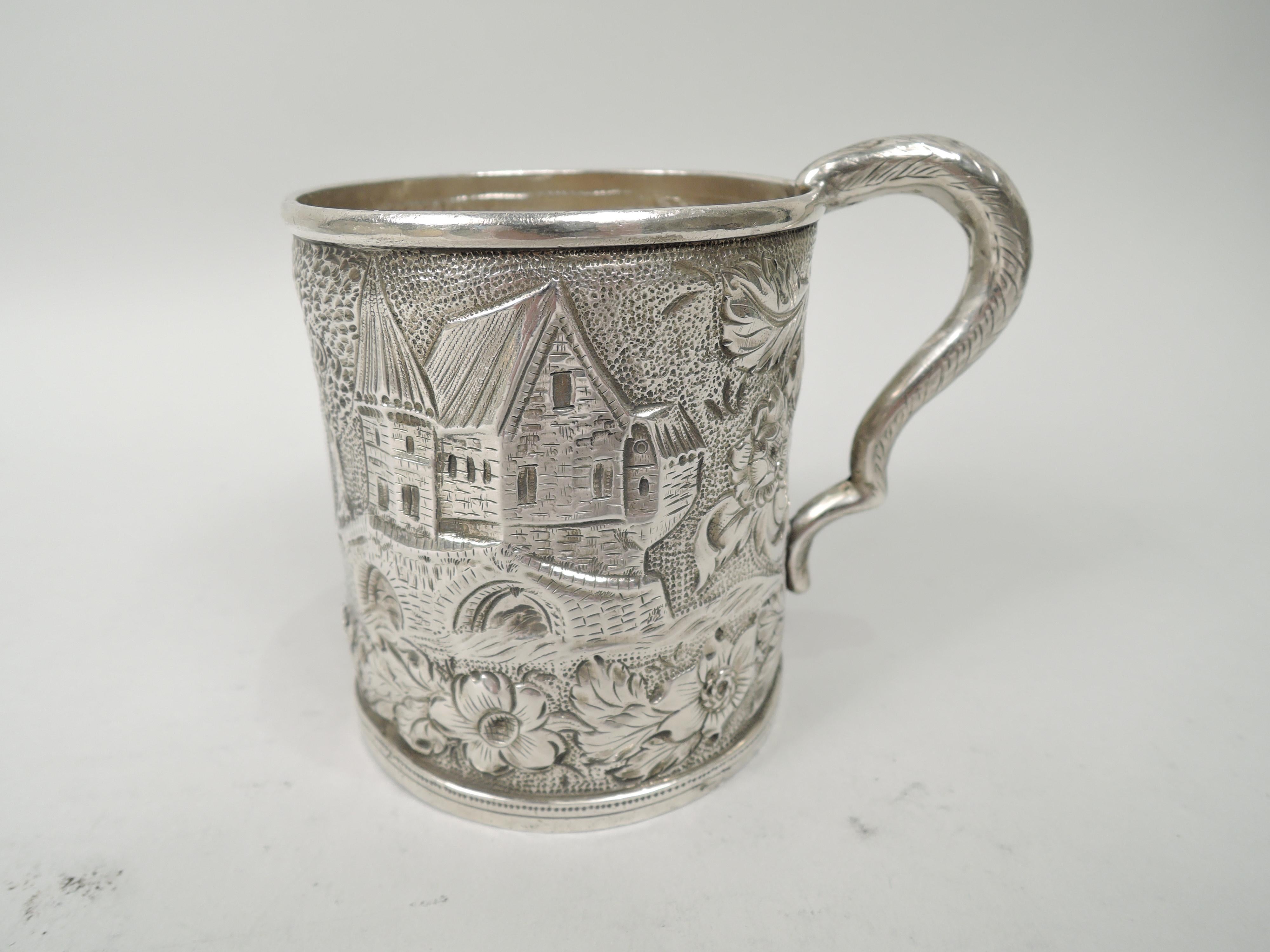 Victorian Antique Kirk Repousse Silver Flower & Tower Baby Cup