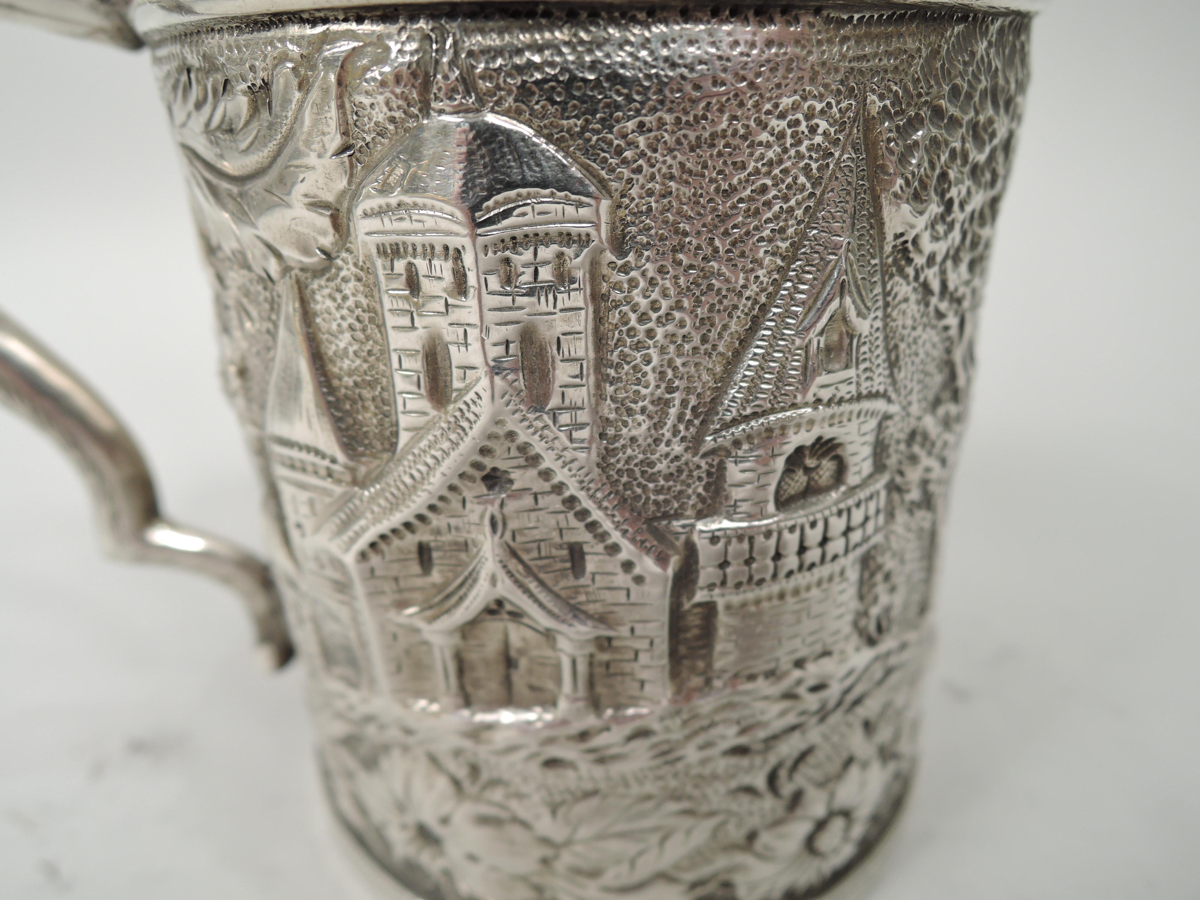 19th Century Antique Kirk Repousse Silver Flower & Tower Baby Cup