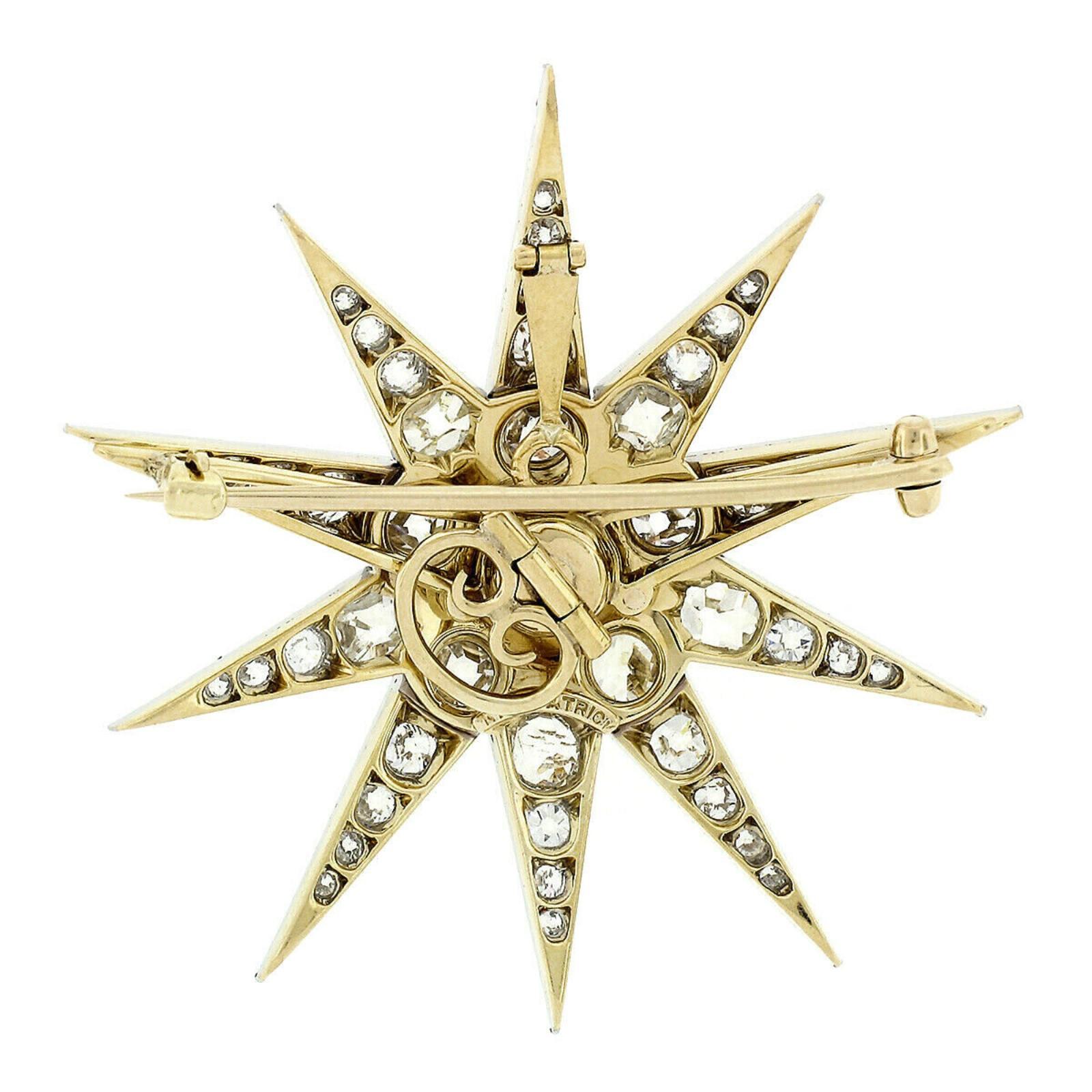 Old Mine Cut Kirkpatrick 14 Karat Gold Platinum GIA Diamond Star Snowflake Brooch Pendant