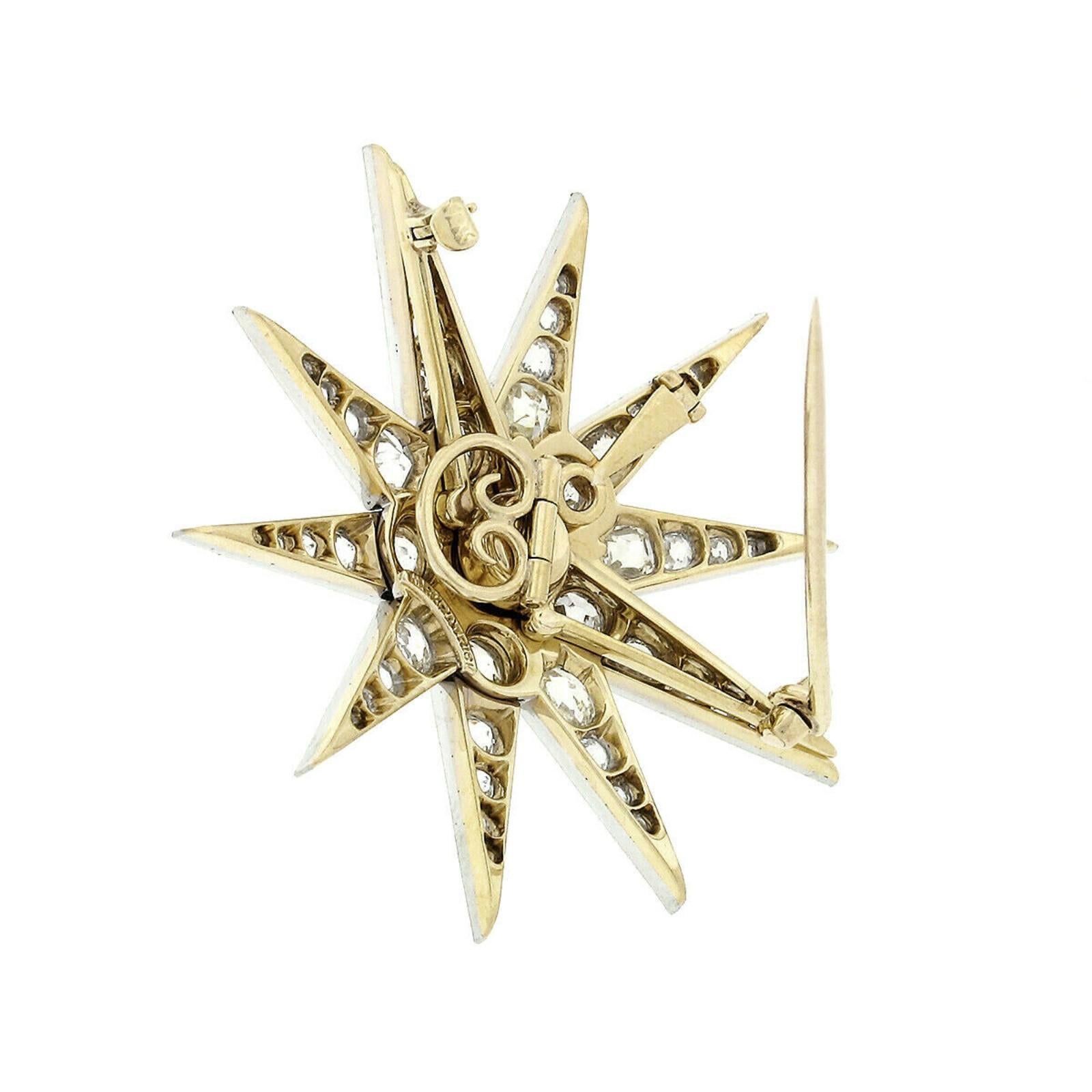 Kirkpatrick 14 Karat Gold Platinum GIA Diamond Star Snowflake Brooch Pendant In Good Condition In Montclair, NJ