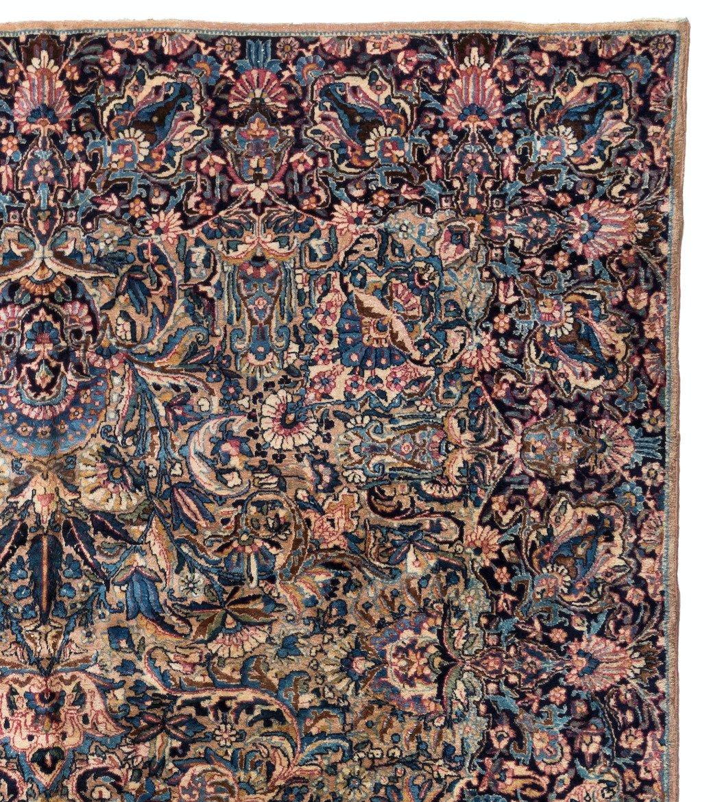 Hand-Knotted Antique Persian Blue and Ivory Floral Kirman Rug circa 1930-1940s