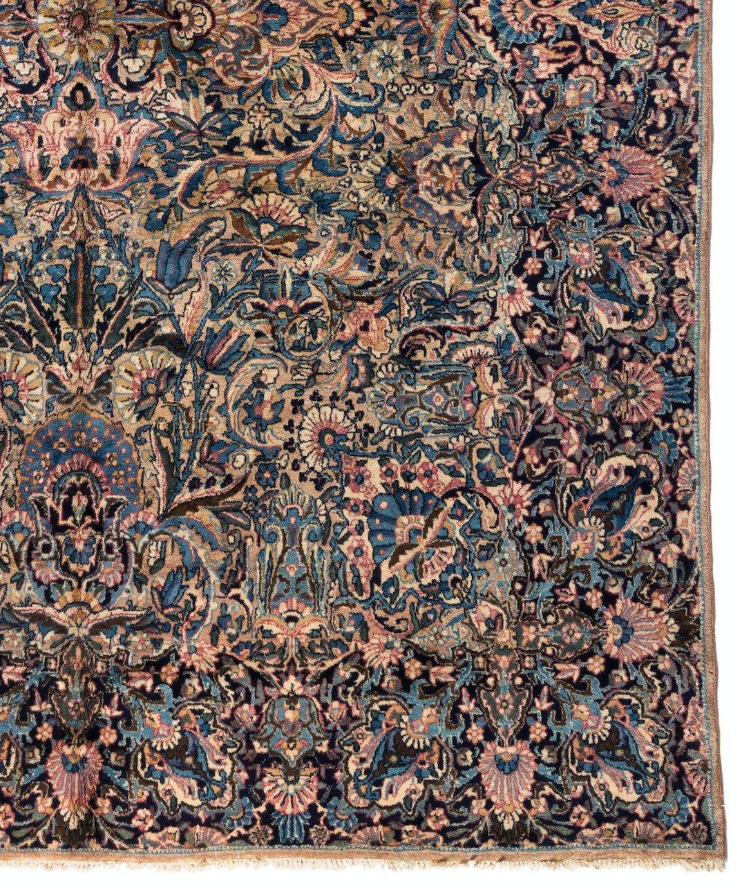 Antique Persian Blue and Ivory Floral Kirman Rug circa 1930-1940s In Good Condition In New York, NY