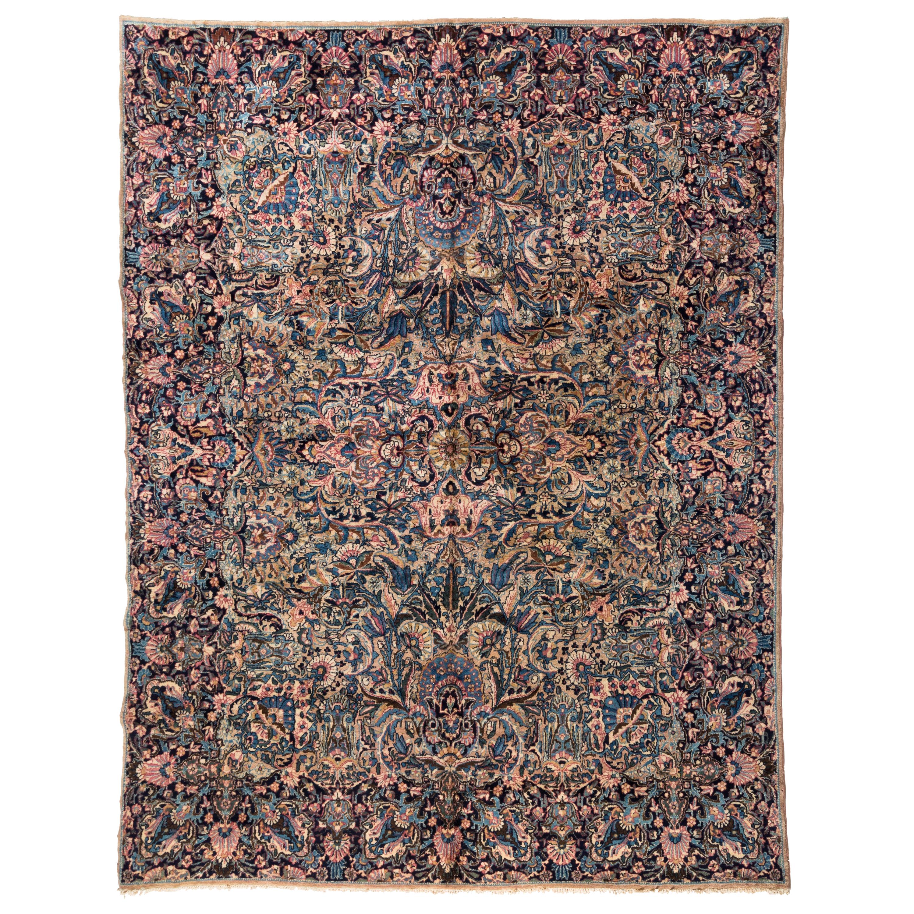 Antique Persian Blue and Ivory Floral Kirman Rug circa 1930-1940s