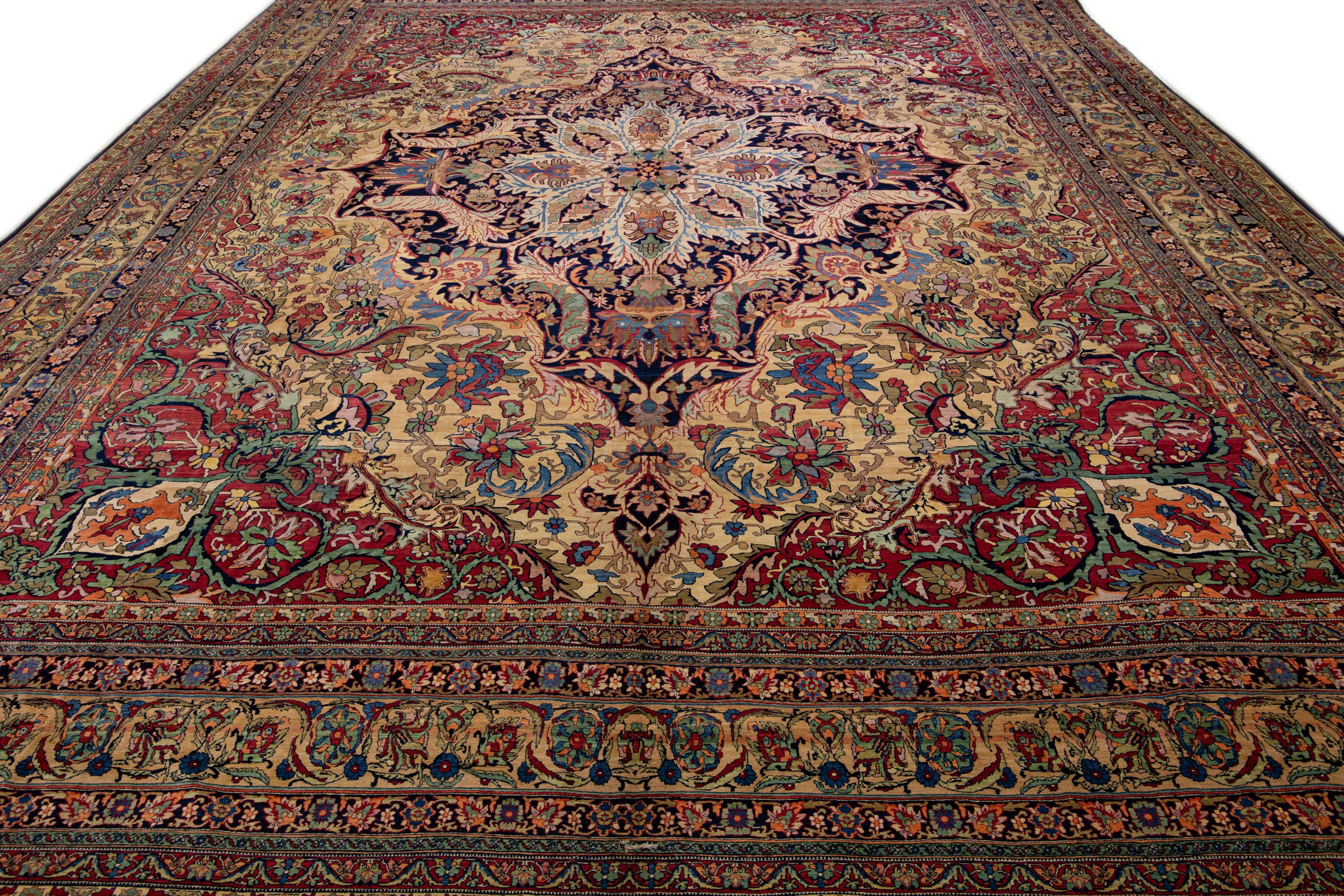 Persian Antique Kirman Handmade Multicolor Medallion Floral Oversize Wool Rug For Sale