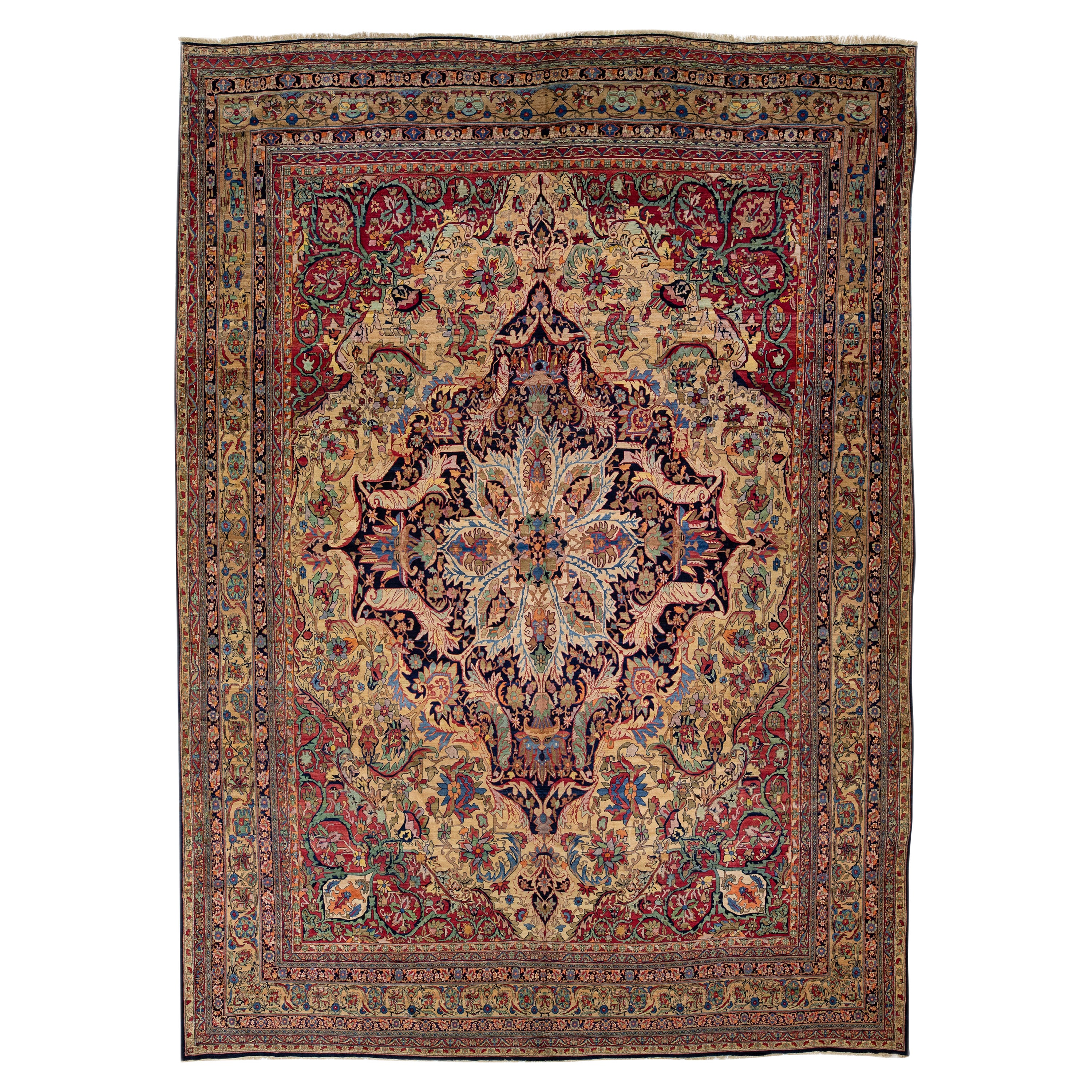 Tappeto antico Kirman fatto a mano con medaglione floreale multicolore in lana oversize