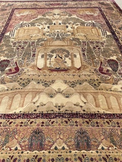 Antique Kirman Oriental Rug, Floral & Hunting Scenes, 1910-1920