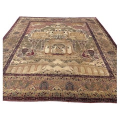 Antique Kirman Oriental Rug, Floral & Hunting Scenes, 1910-1920