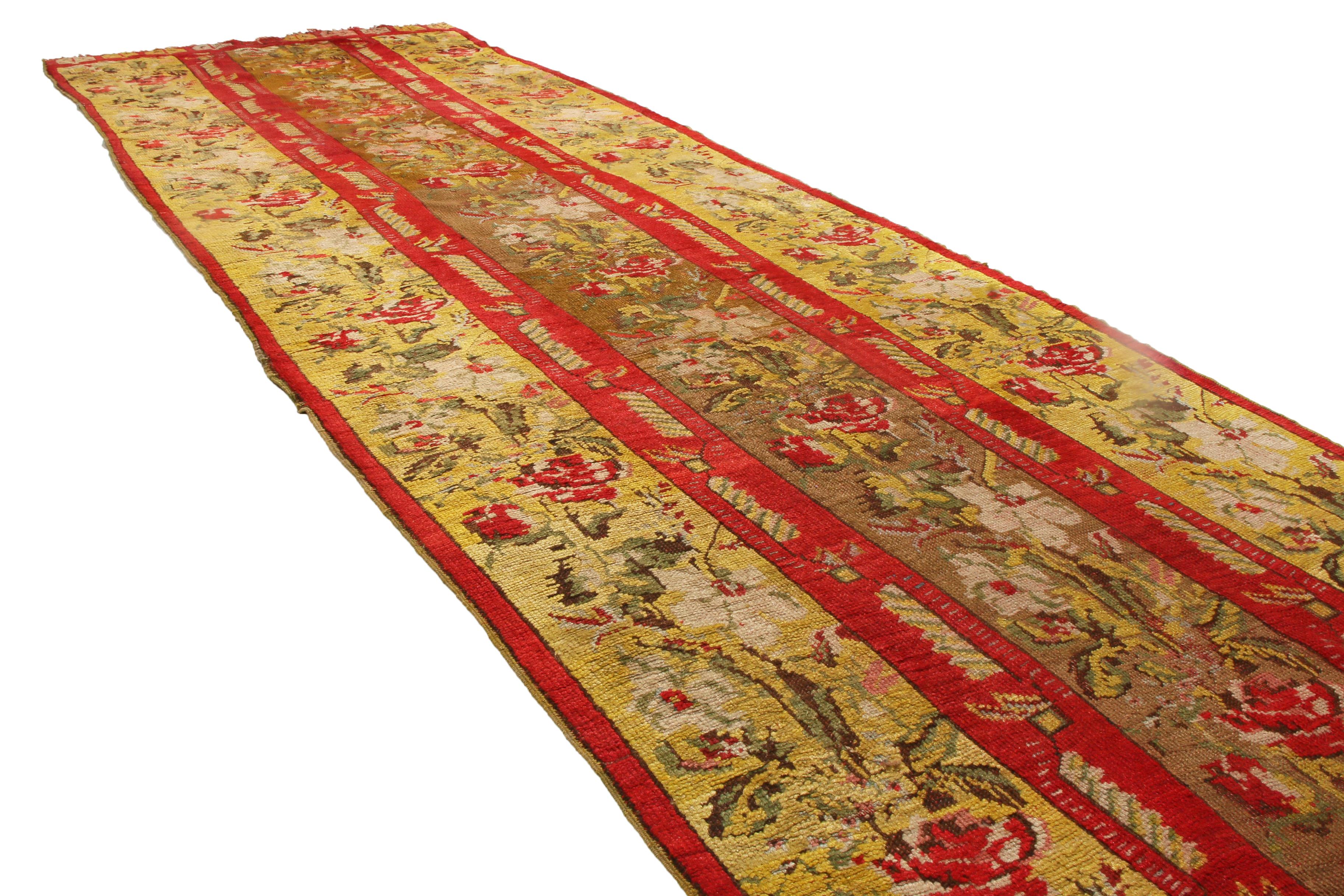 Turkish Antique Kirsehir Red and Gold Wool Floral Runner by Rug & Kilim For Sale
