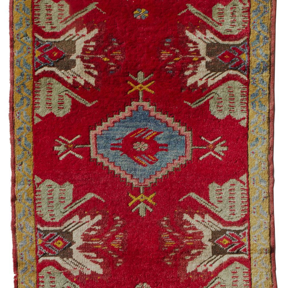 Antique Kirsehir Yastik rug, Central Anatolia, Turkey. This traditional design in Turkish knot tightly woven on an all wool foundation is an excellent example of the colors and workmanship of the region. This Yastik format of a central stepped