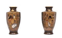 Antique Kitamura Black Japanese Satsuma Ware vases Meiji 19thC