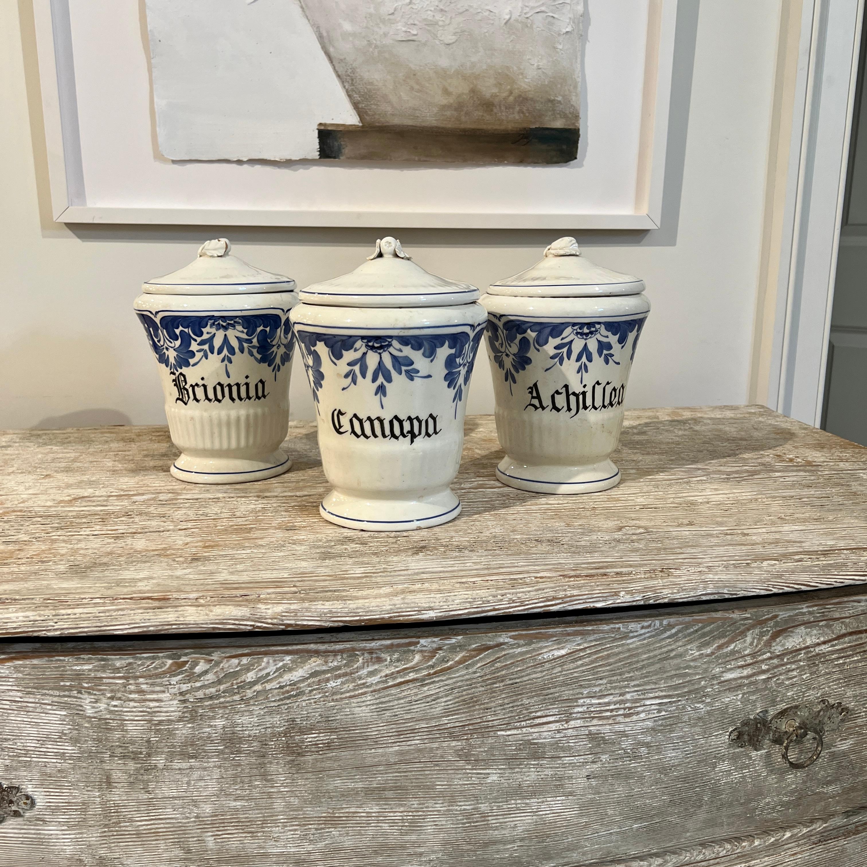 Set of seven kitchen or apothecary jars.  Six have lids.  Glazed blue and white with hand lettering in black.  A beautiful set.
