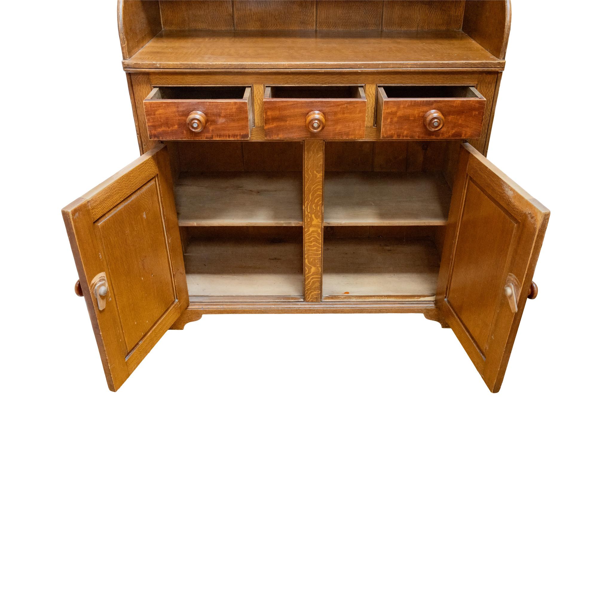 Hand painted grain and burl kitchen dresser, circa 1840. Original wood knobs, visual and functional. Very hard to find this size and condition. 45