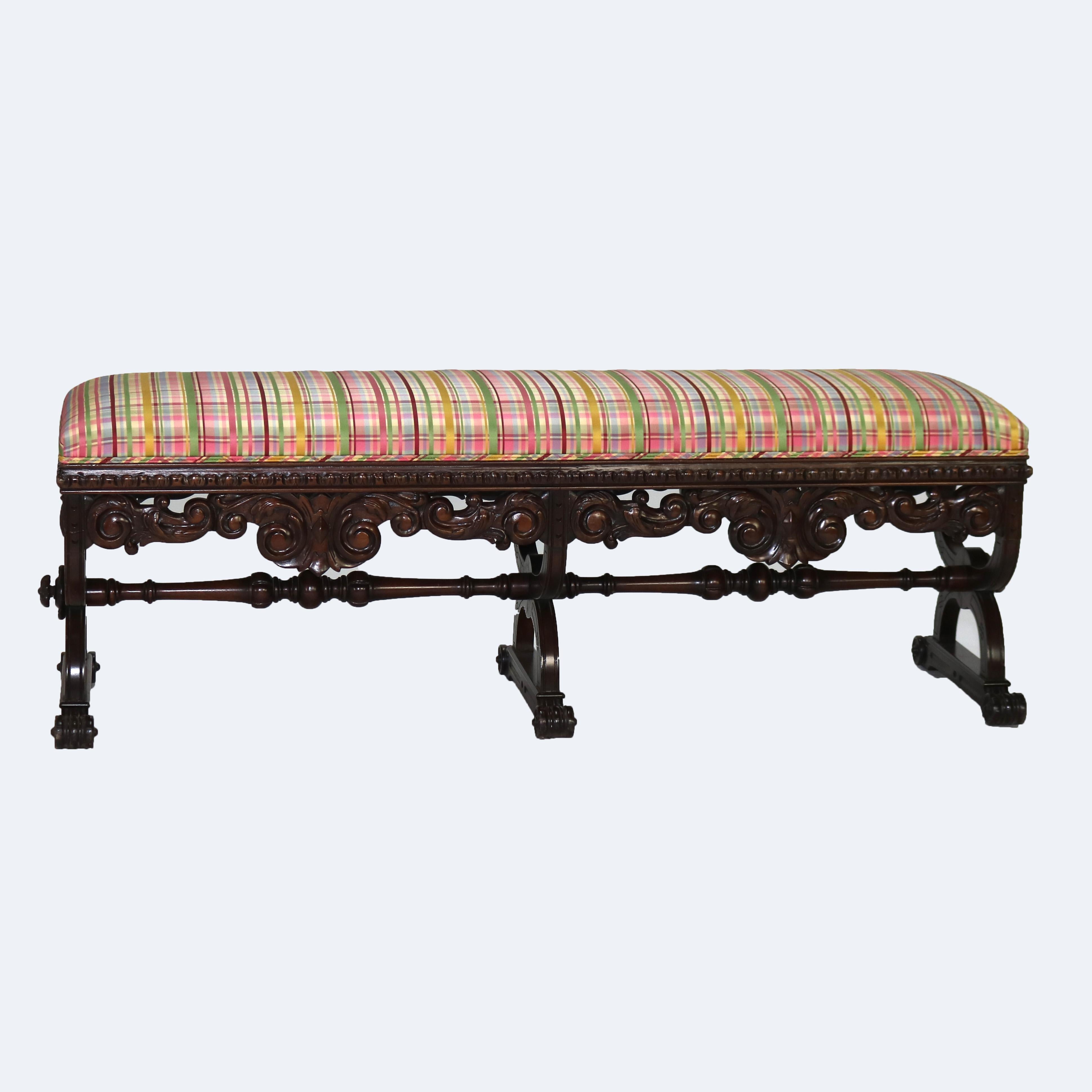 Antique Kittinger Carved Mahogany Trestle Long Bench C1930 In Good Condition In Big Flats, NY