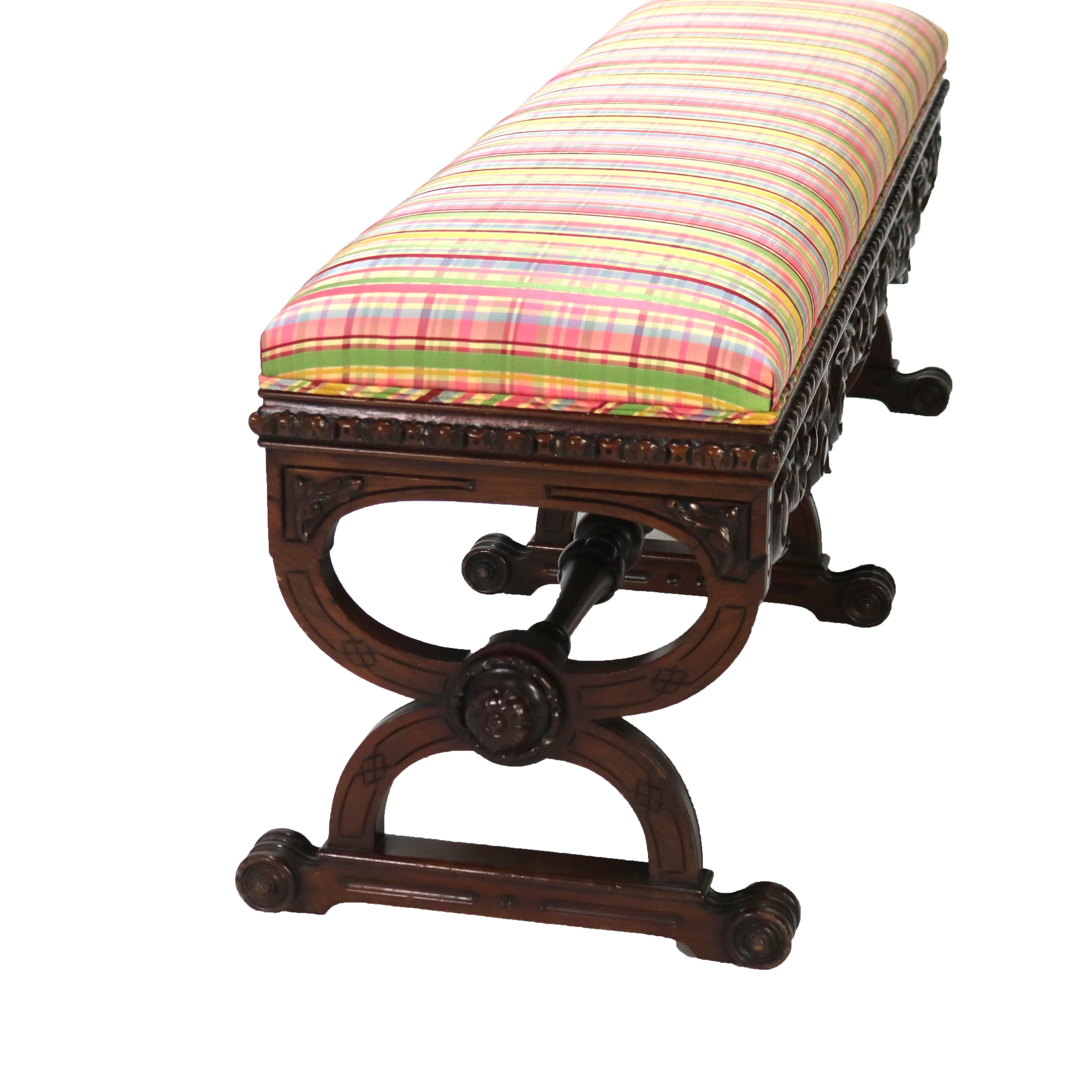 Antique Kittinger Carved Mahogany Trestle Long Bench C1930 1