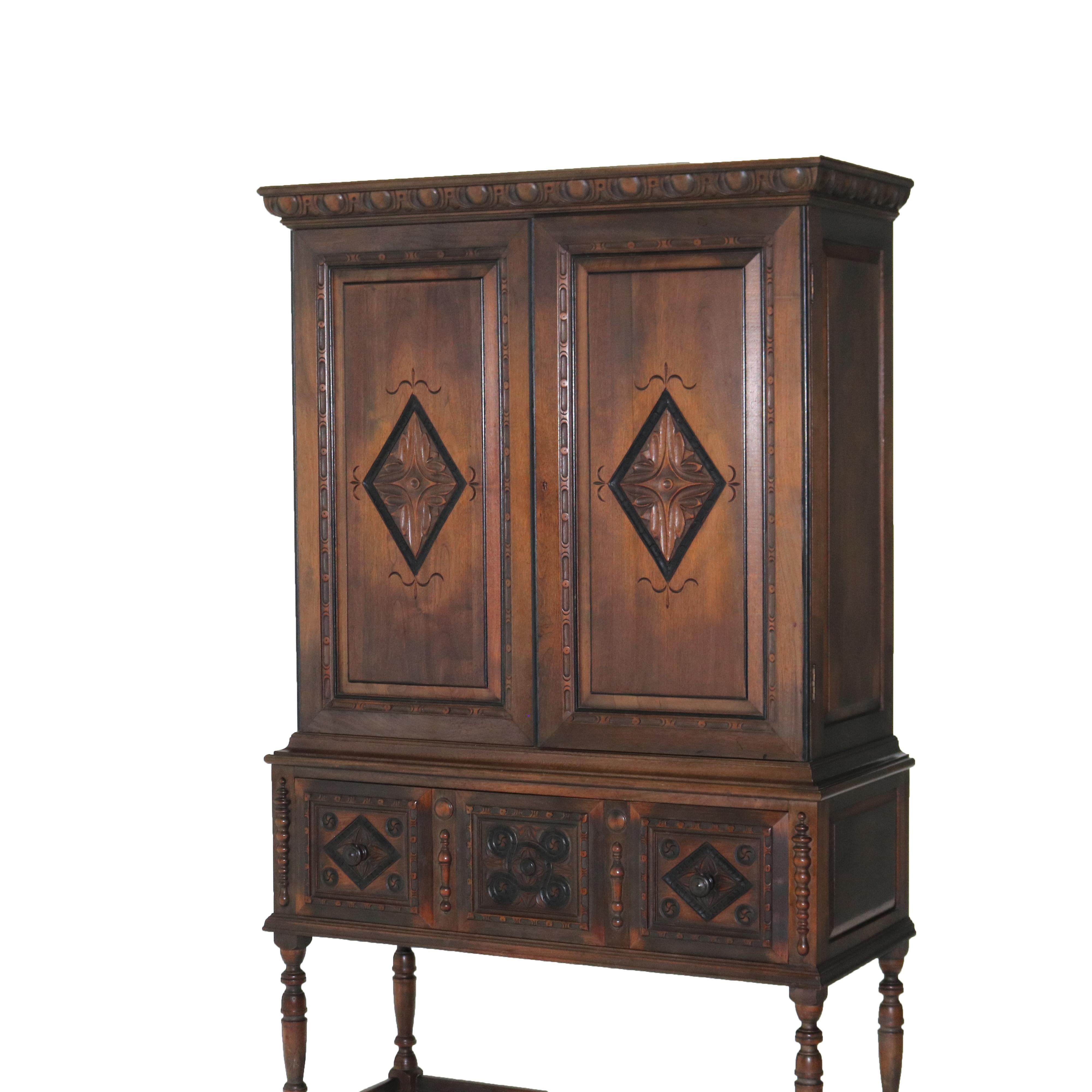 Antique Kittinger Carved Walnut Blind Front Credenza with Ebonized Highlights In Good Condition In Big Flats, NY