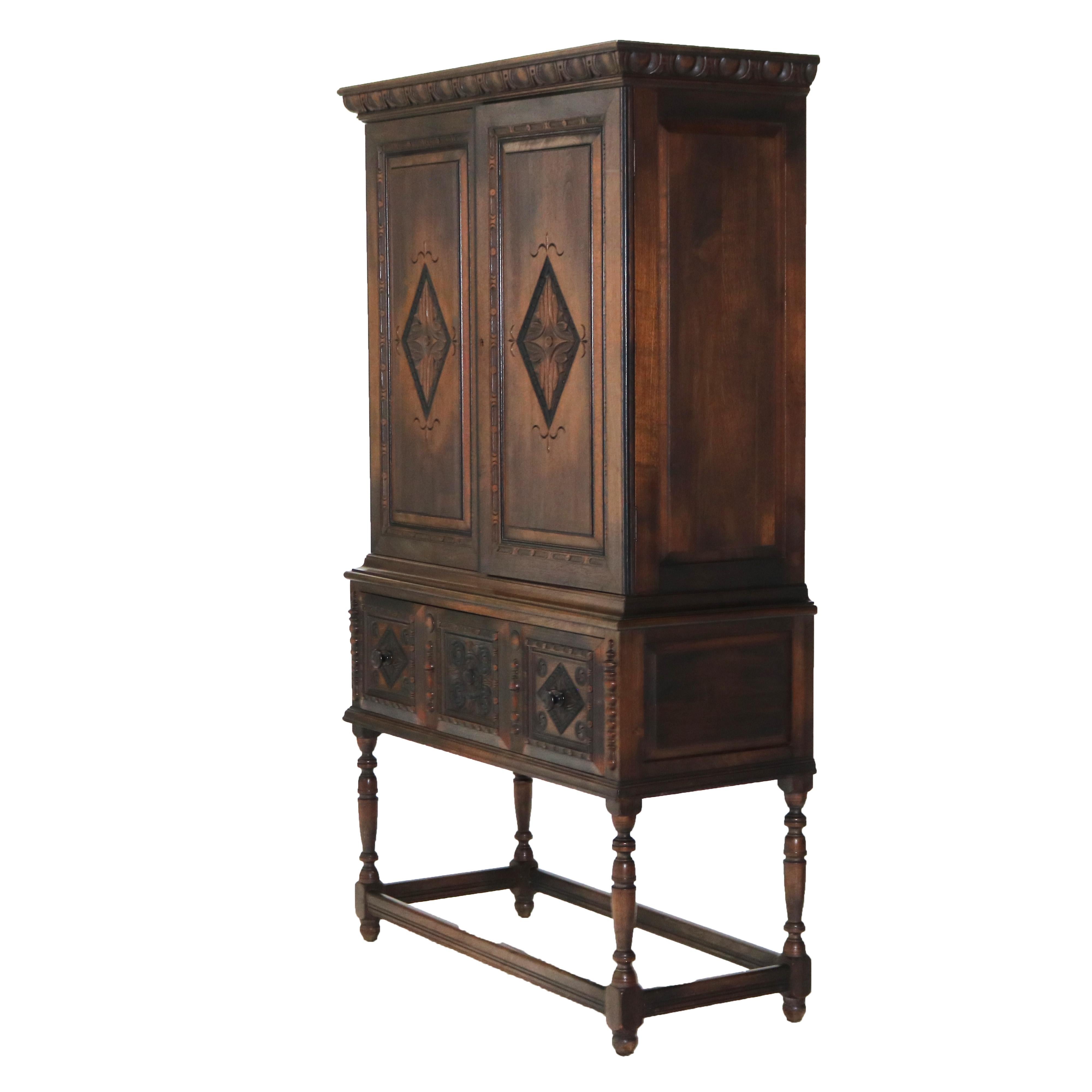 20th Century Antique Kittinger Carved Walnut Blind Front Credenza with Ebonized Highlights