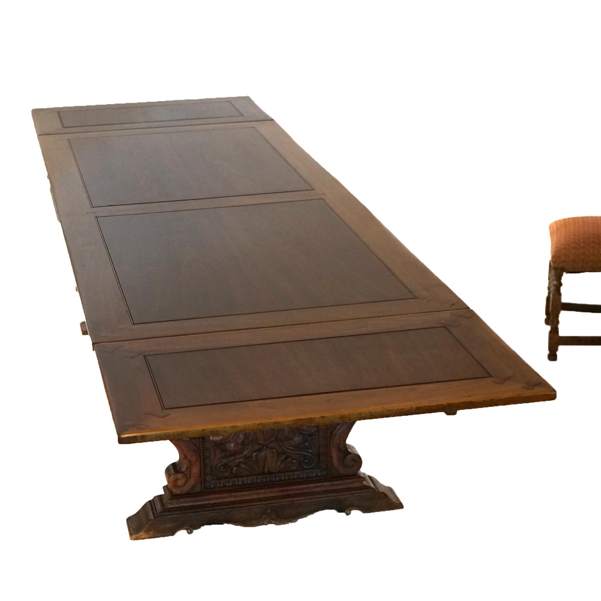 Antique Kittinger Jacobean Carved Oak Draw-Top Banquet Table & 12 Chairs C1920 In Good Condition In Big Flats, NY