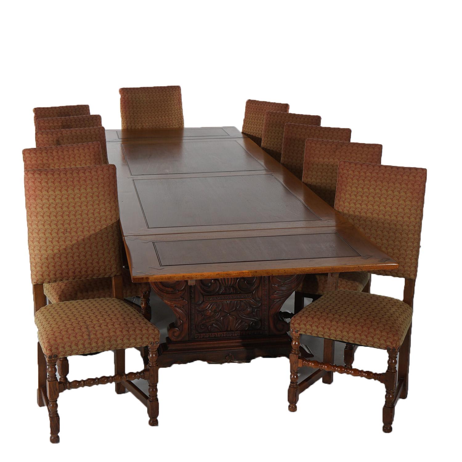 Upholstery Antique Kittinger Jacobean Carved Oak Draw-Top Banquet Table & 12 Chairs C1920