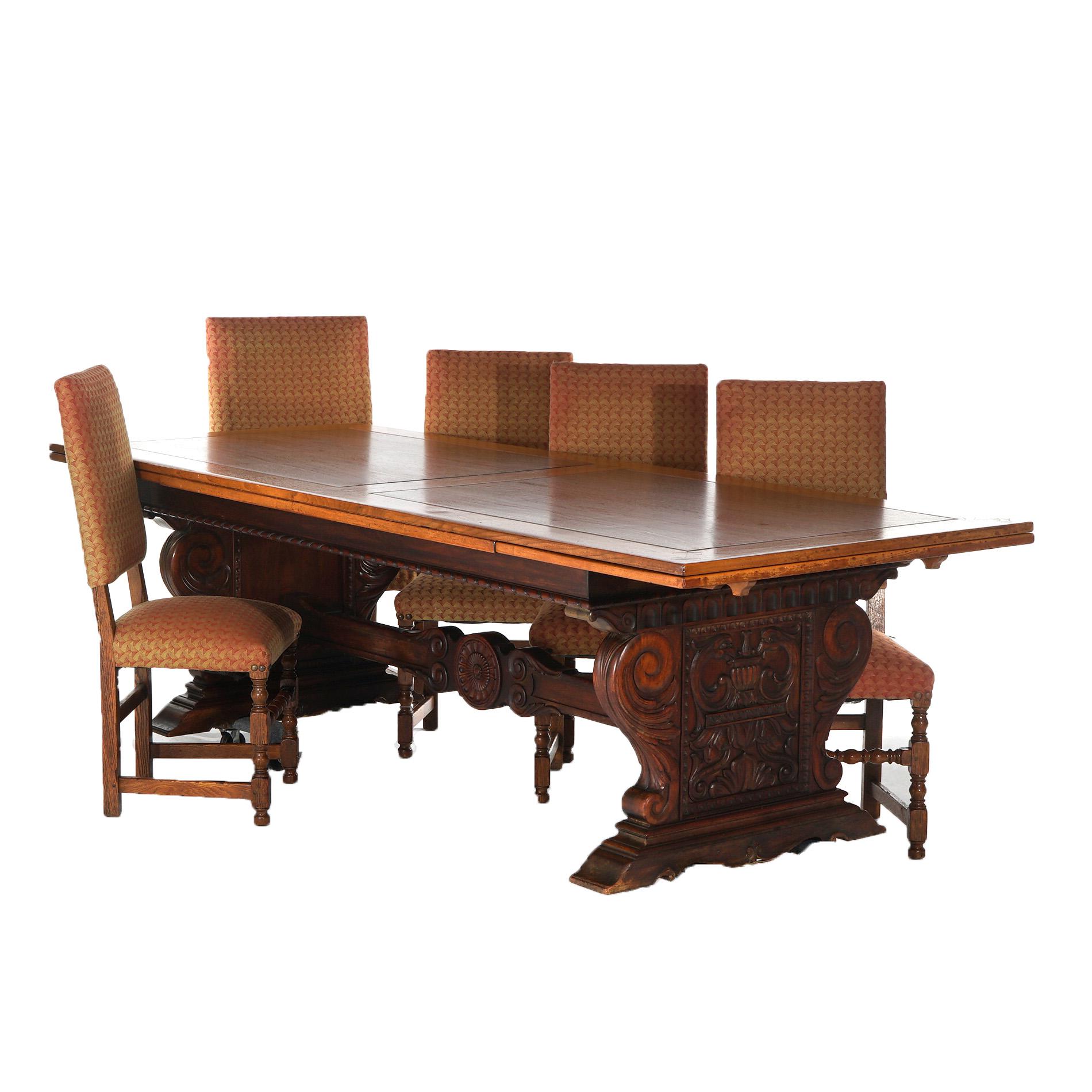 Antique Kittinger Jacobean Carved Oak Draw-Top Banquet Table & 12 Chairs C1920 1