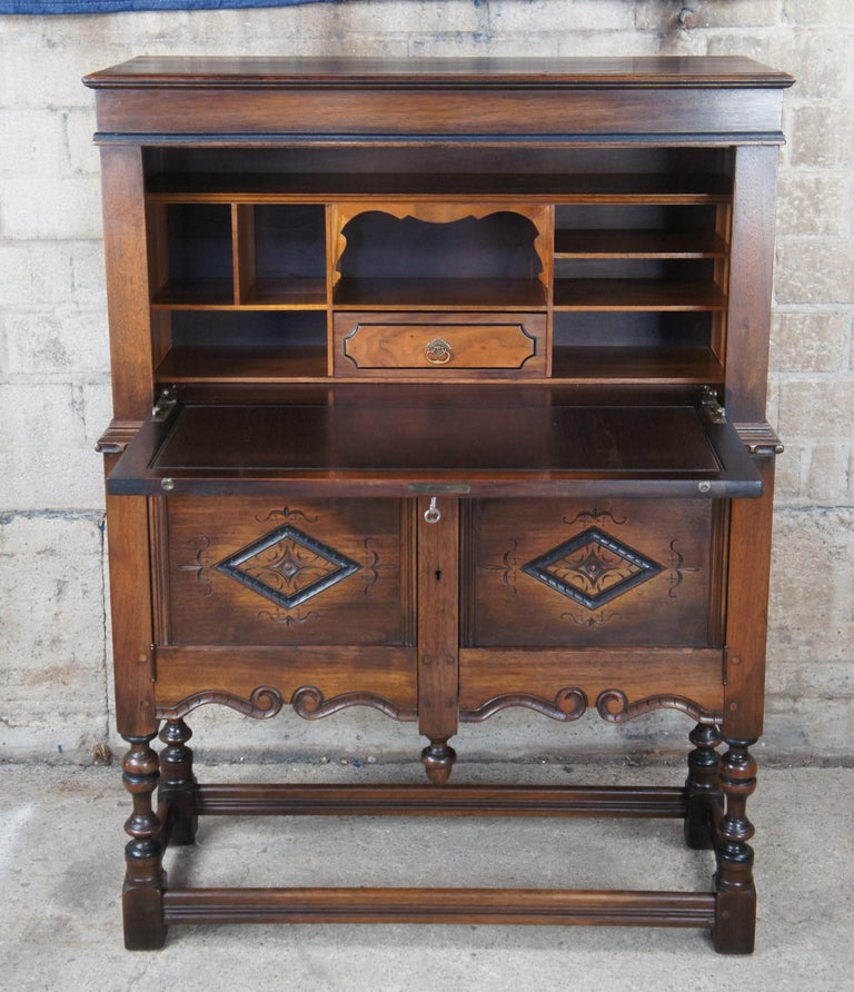 Antique Kittinger Jacobean Spanish Revival American Walnut Carved Secretary Desk