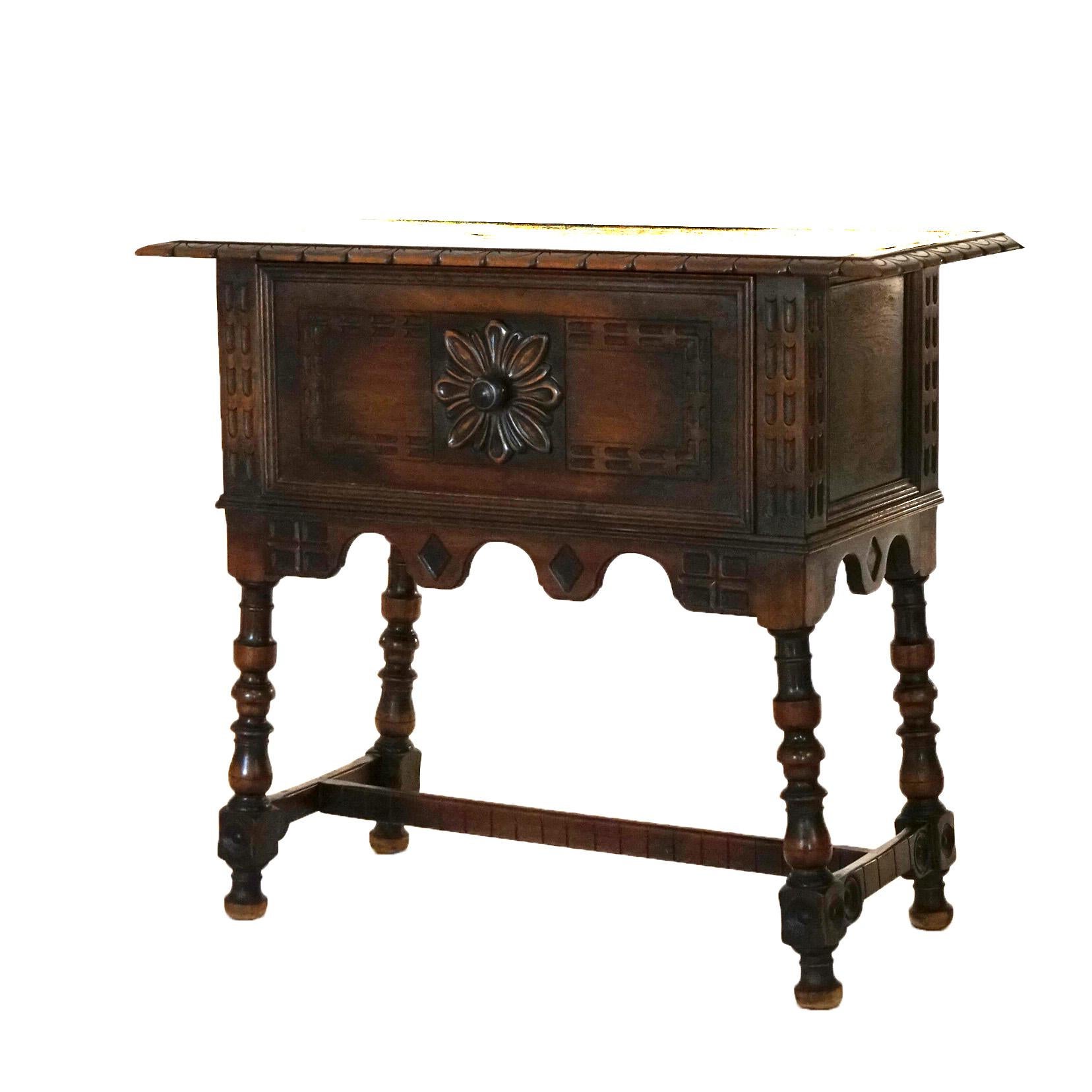 ***Inquire About Reduced In-House Delivery Rates - Reliable Professional Service & Fully Insured***
Antique Kittinger Jacobean Style Carved Walnut Server with Deep Drawer and Stylized Central Flower C1930

Measures - 35.5