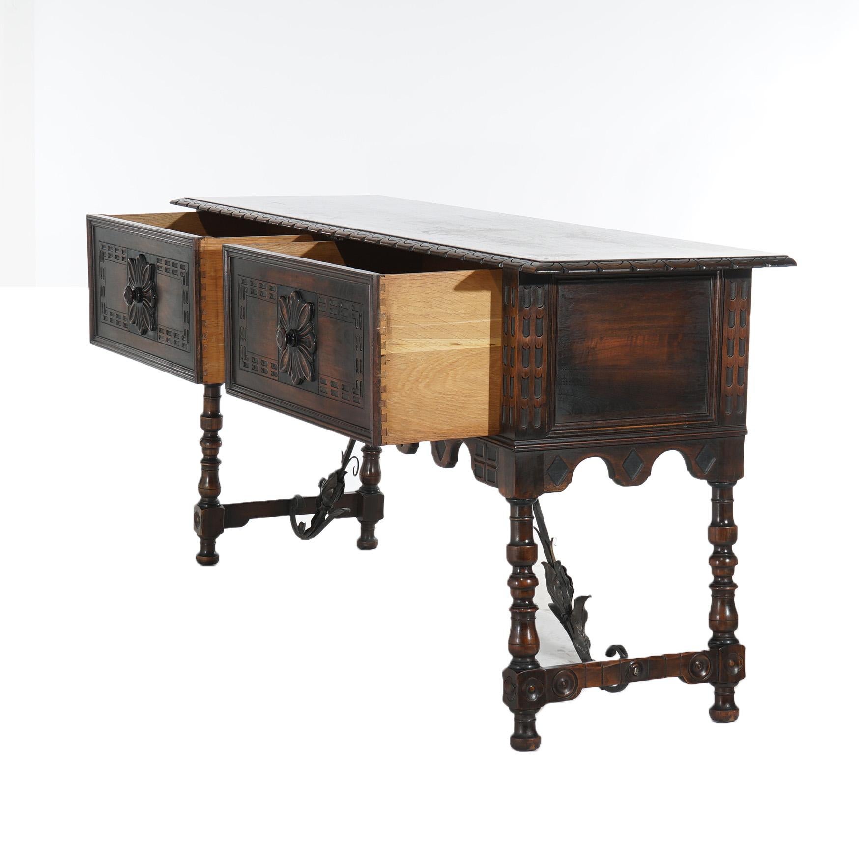 Antique Kittinger Jacobean Style Carved Walnut & Wrought Iron Sideboard C1930 10