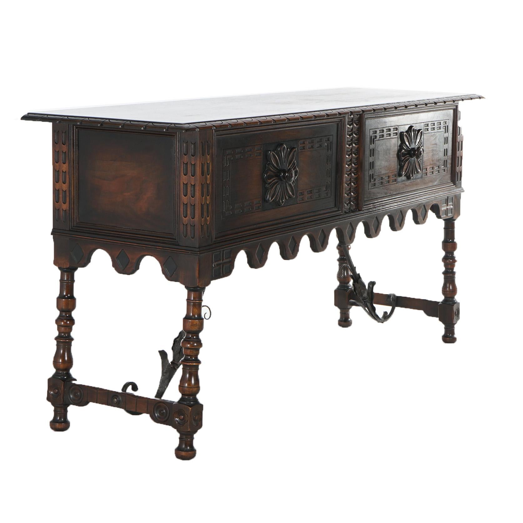 Antique Kittinger Jacobean Style Carved Walnut & Wrought Iron Sideboard C1930 16