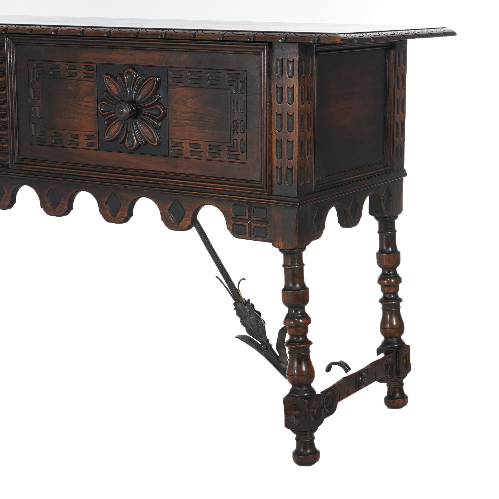 Antique Kittinger Jacobean Style Carved Walnut & Wrought Iron Sideboard C1930 In Good Condition In Big Flats, NY