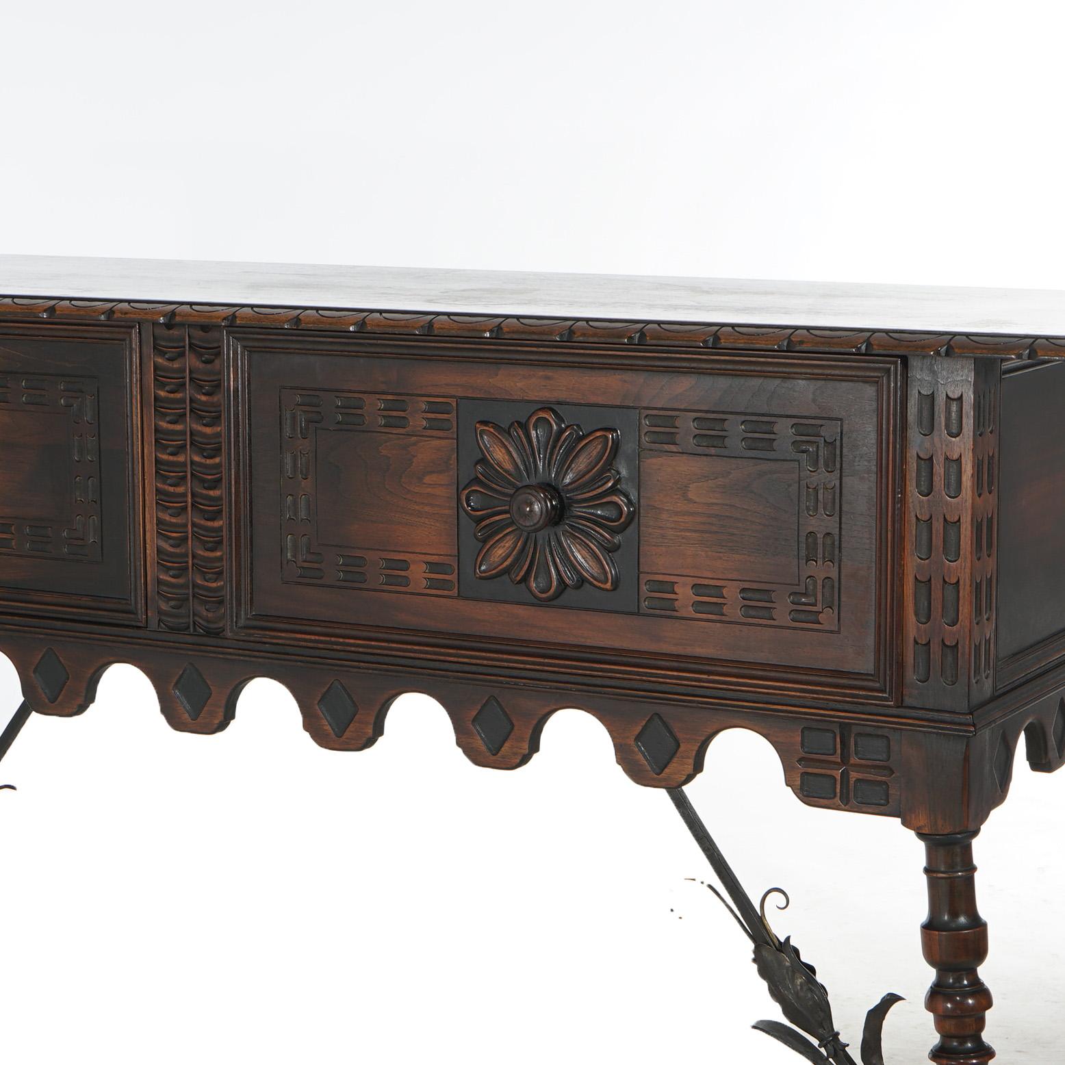20th Century Antique Kittinger Jacobean Style Carved Walnut & Wrought Iron Sideboard C1930