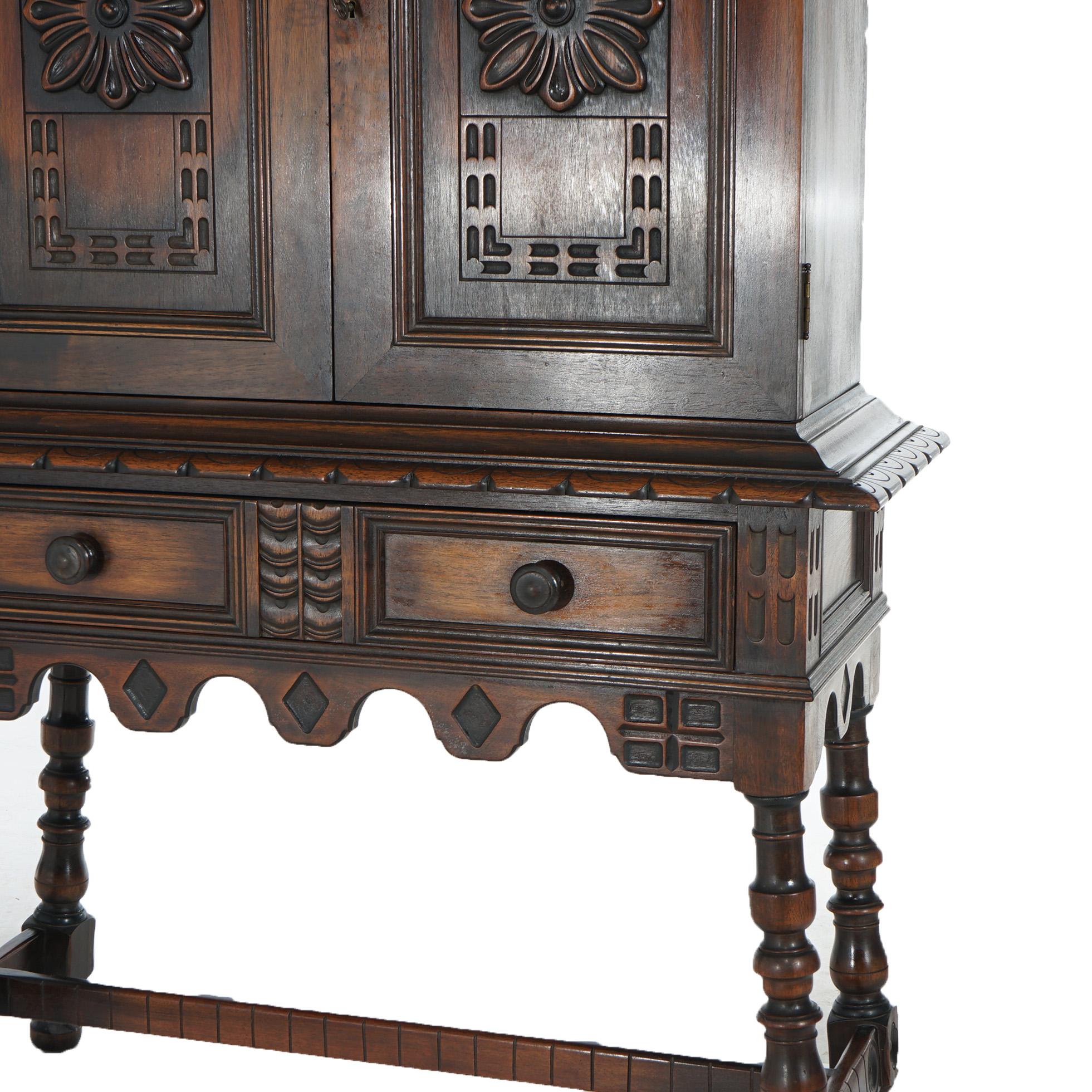 Antique Kittinger Jacobean Style Floral Carved Walnut Credenza C1930 In Good Condition In Big Flats, NY