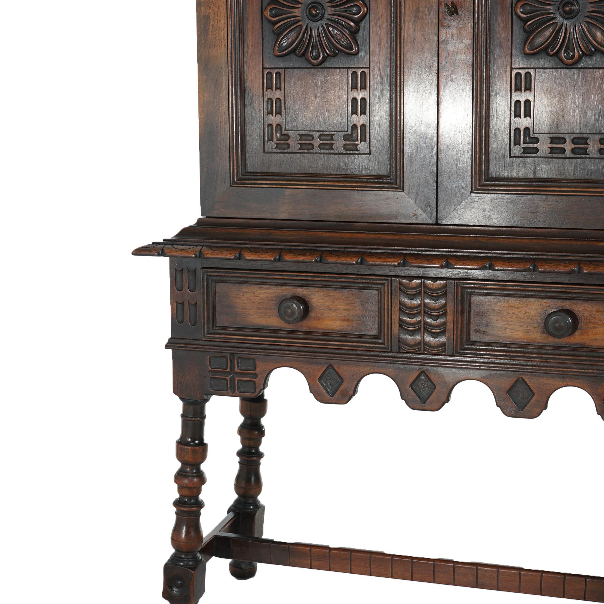 20th Century Antique Kittinger Jacobean Style Floral Carved Walnut Credenza C1930