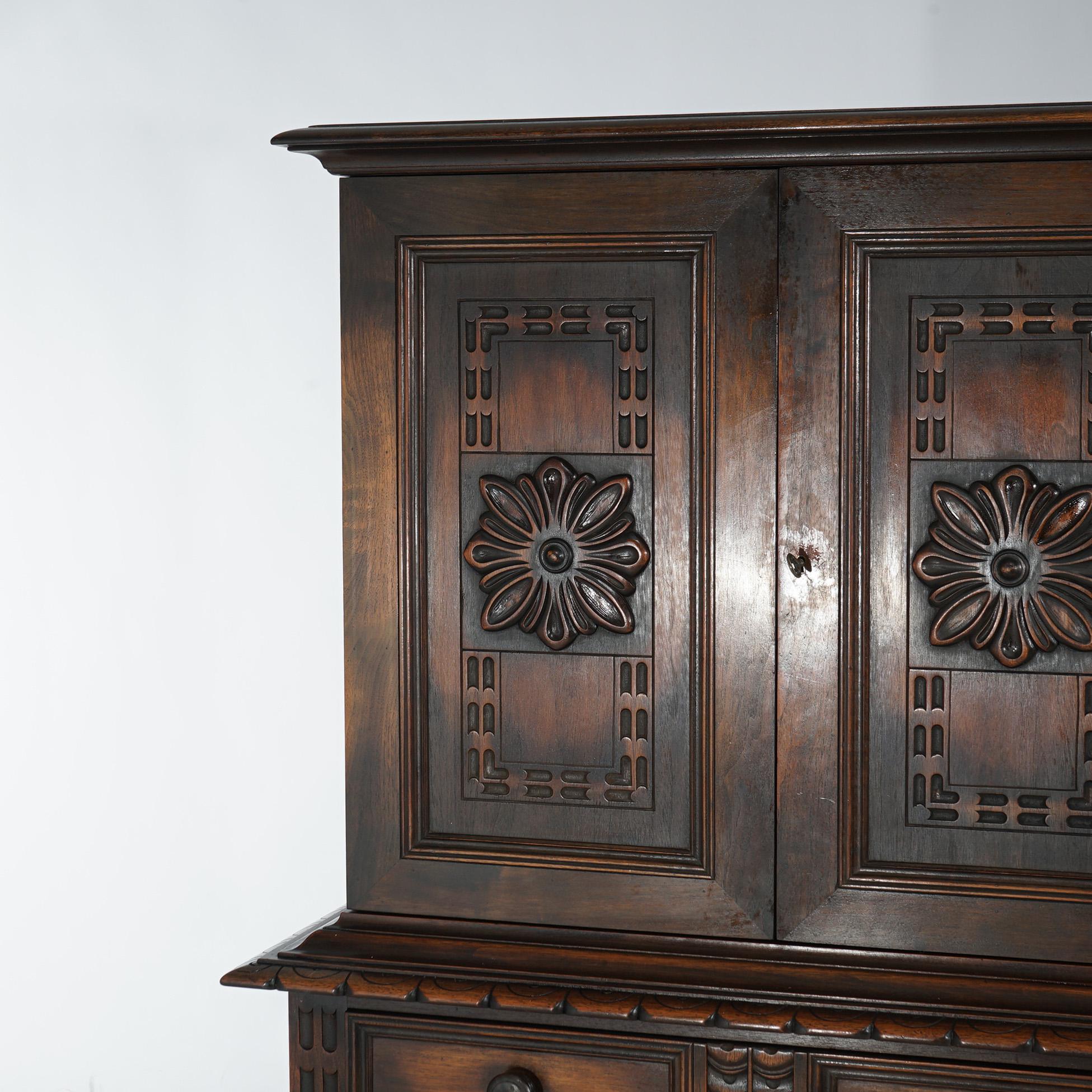 Antique Kittinger Jacobean Style Floral Carved Walnut Credenza C1930 1