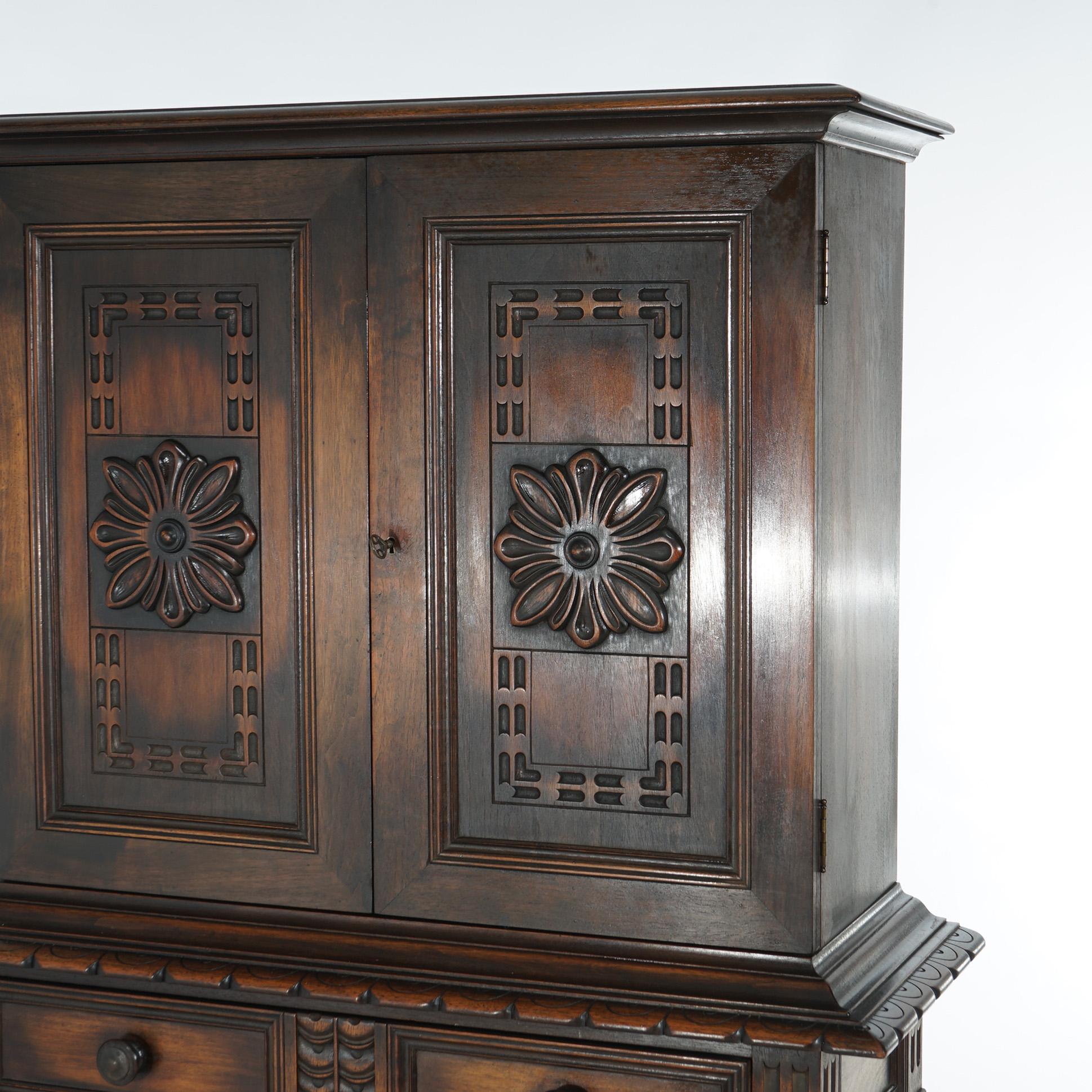 Antique Kittinger Jacobean Style Floral Carved Walnut Credenza C1930 2