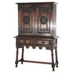 Antique Kittinger Jacobean Style Floral Carved Walnut Credenza C1930